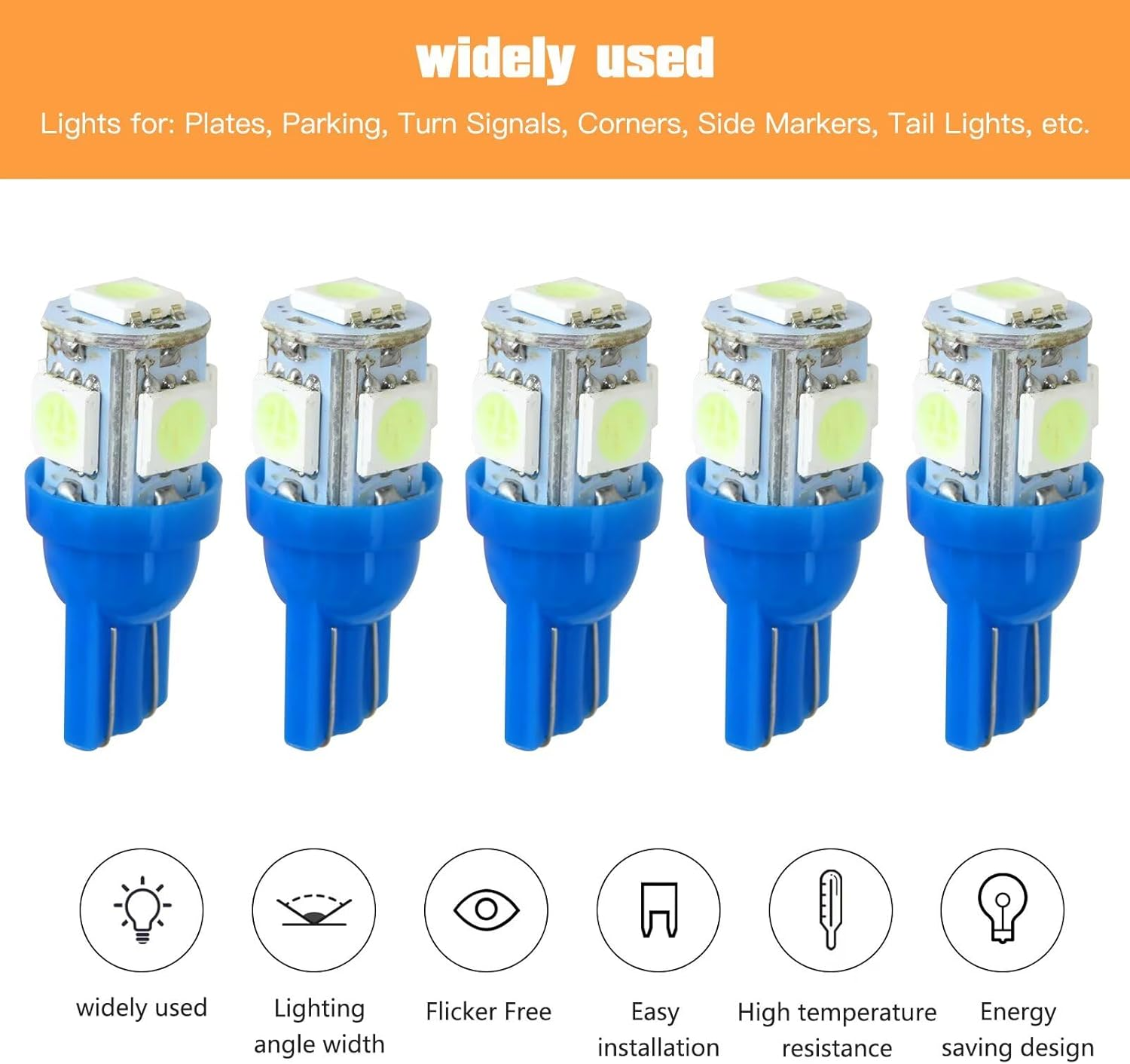 10PCS LED Bulb Replacement for T10 5SMD 5050 Globe Light Bulb Wedge Tail Plate Parker Interior Dash, 12 * 28Mm, 12V, Blue - Blue image number 2