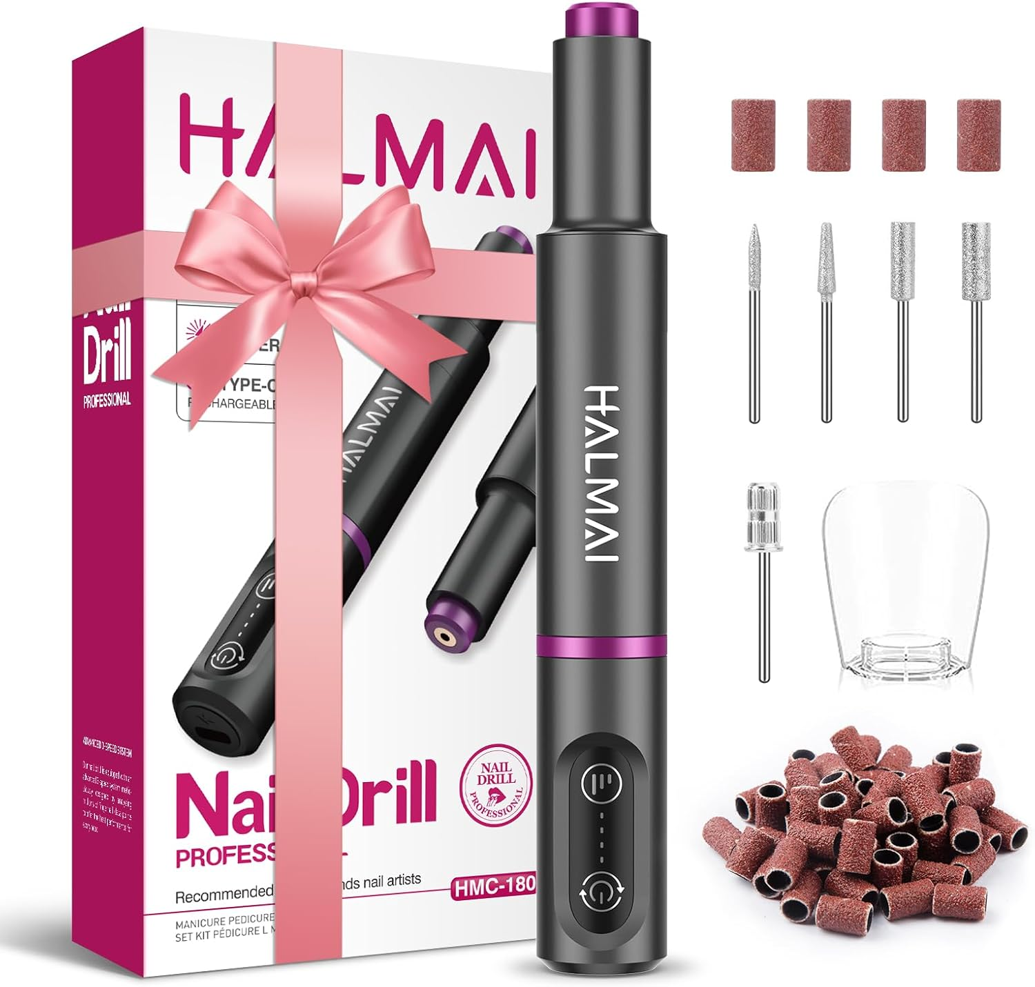 HALMAI Electric Nail Drill Machine, Cordless Portable Nail File Kit for Acrylic,Gel Nails, Rechargeable Professional Acrylic Manicure Pedicure Machine for Home with Max 20000 RPM (Basic-Dark Grey) image number 3