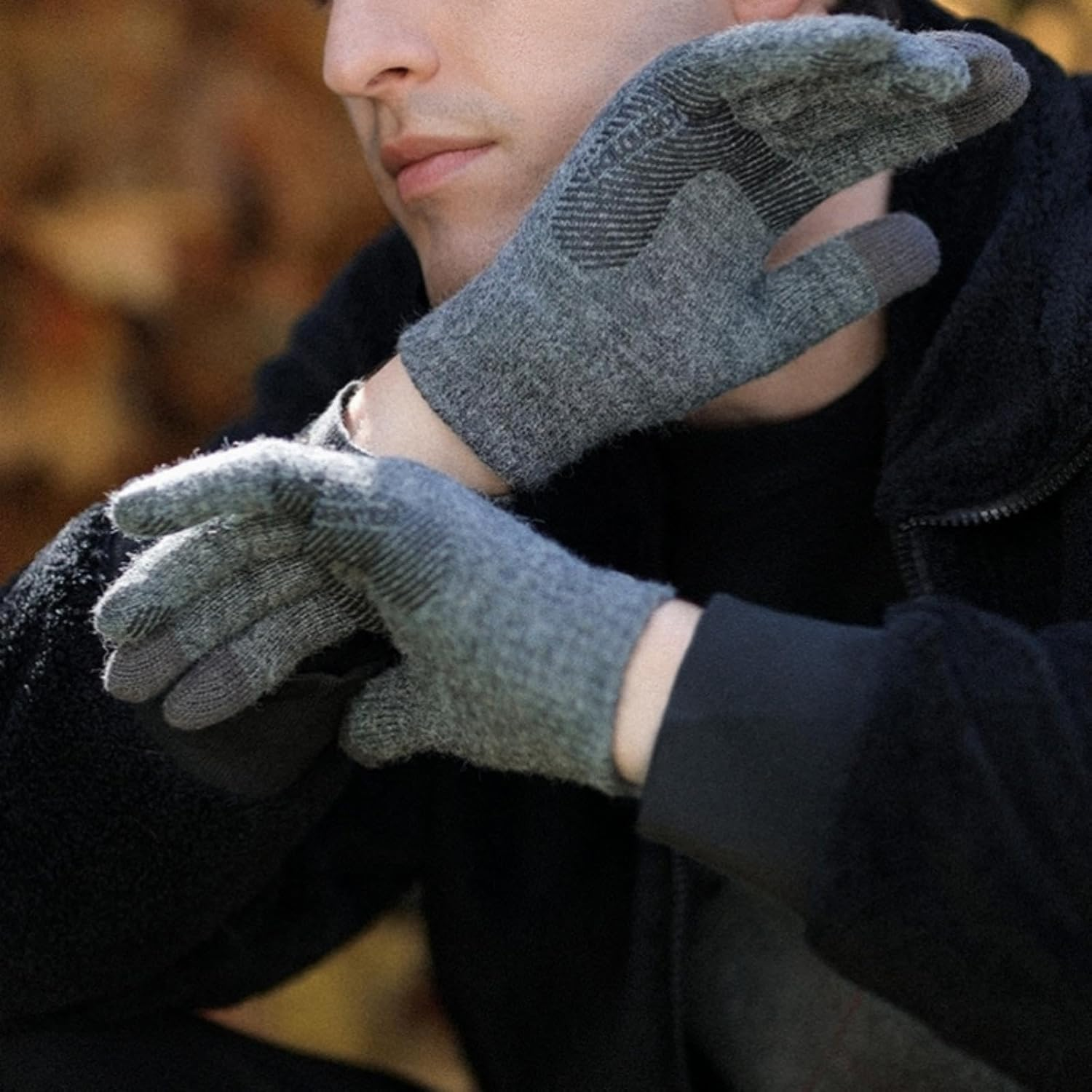 Father'S Day Ideal Gift Thermal Knit Gloves,Fleece Lined Winter Gloves for Men,Grey Thick Warm Wool Gloves,Non-Slip & Anti-Pilling,Touchscreen Compatible（L-Xl） image number 4