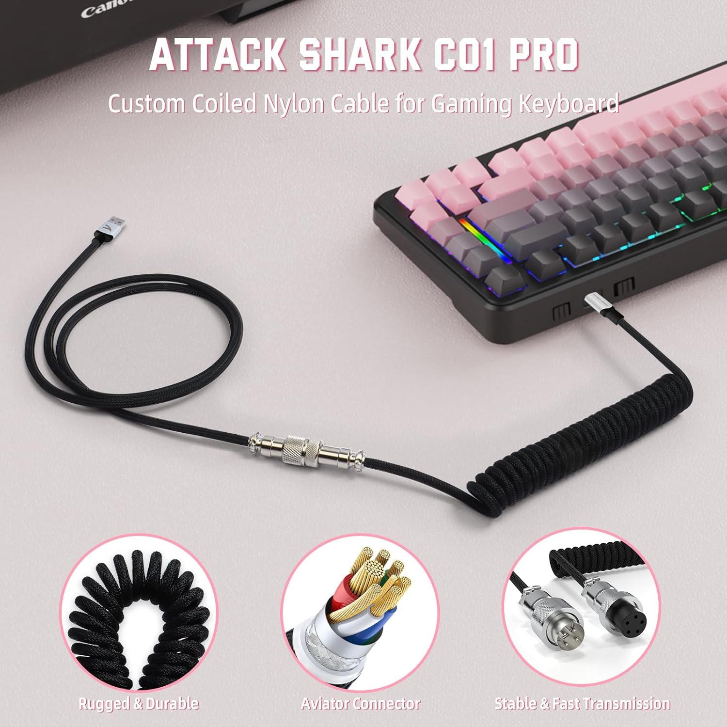 Lexonelec X Attack Shark M86 Pro Wireless Mechanical Keyboard, Bt/2.4G/Wired, 4000Mah, Hot-Swappable Linear Switch, Side-Printed Keycap, QWERTY, RGB Gaming Keyboard with Coiled Cable.(Black Pink) image number 6