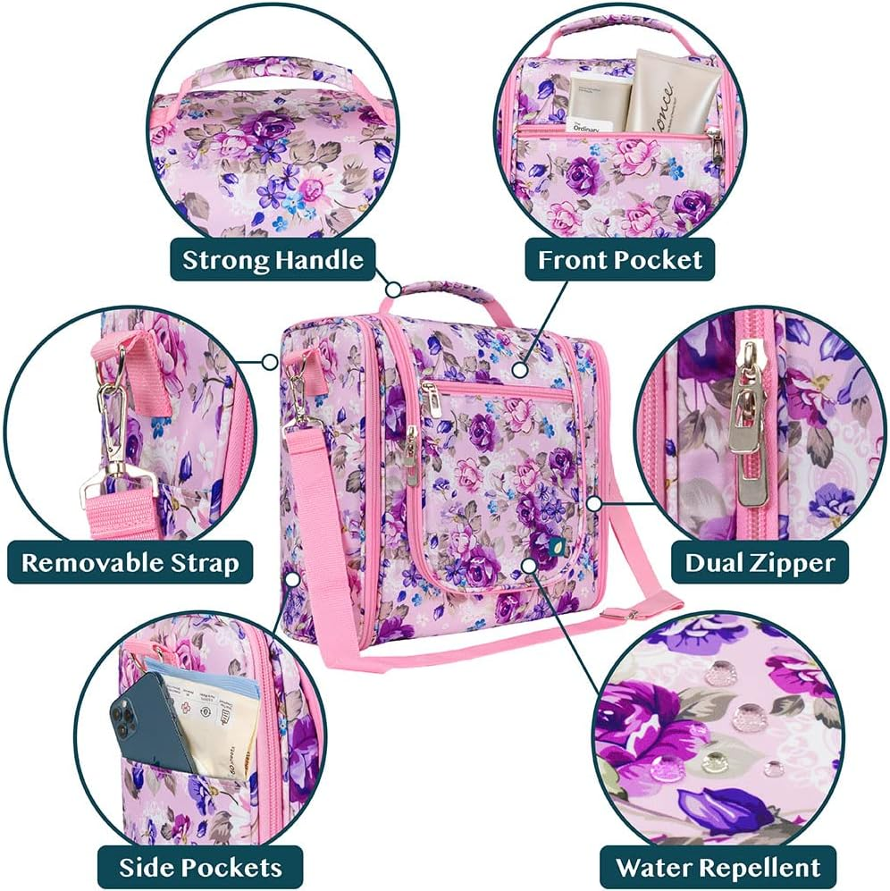 PAVILIA Extra Large Toiletry Bag Travel Bag for Women Men, Hanging Cosmetic Organizer, Water Resistant Makeup Bag for Accessories Toiletries, Travel Essentials Kit (Floral Pink) image number 3