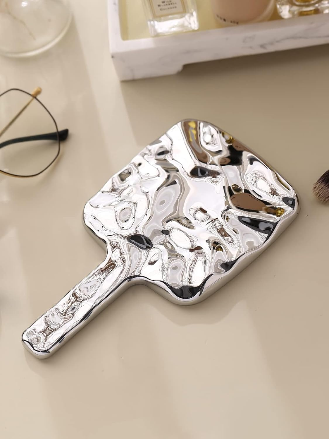 Water Ripples Handheld Mirror - Quttly Square Silver Makeup Mirror with Handle, Small 4X7 Inches for Precise Application image number 6