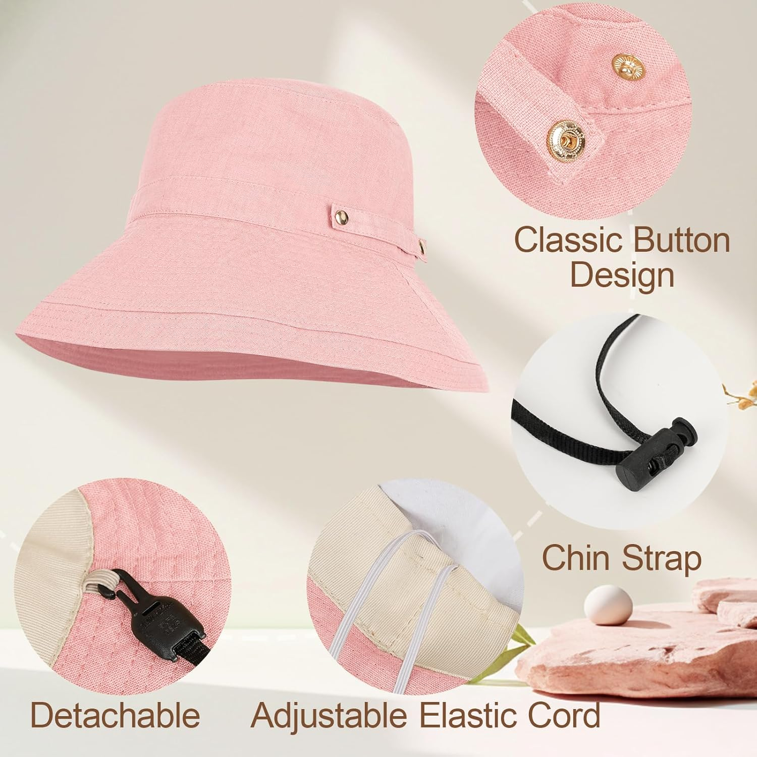 KEOYA Women'S Cotton Linen Bucket Hat Wide Brim Sun Hat with SPF50+ Adjustable Button Detachable Windproof Chin Strap image number 6