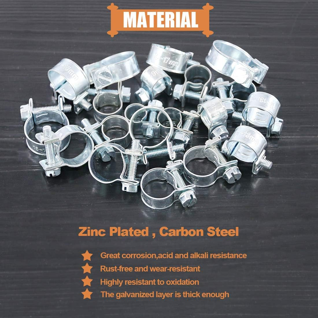 Keadic 60Pcs 10 Sizes Adjustable Zinc Plated Carbon Steel Mini Fuel Injection Style Hose Clamp Assortment Kit for Various Diesel Petrol Pipe image number 4