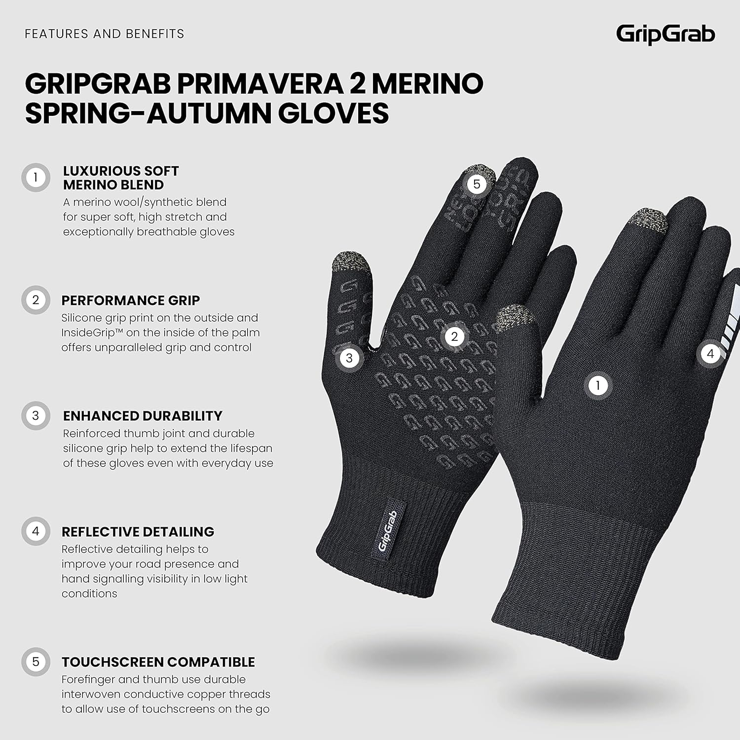 Gripgrab Primavera 2 Merino Wool Spring Autumn Cycling Gloves Knitted Touchscreen Full Finger anti Slip Bicycle Liners image number 3