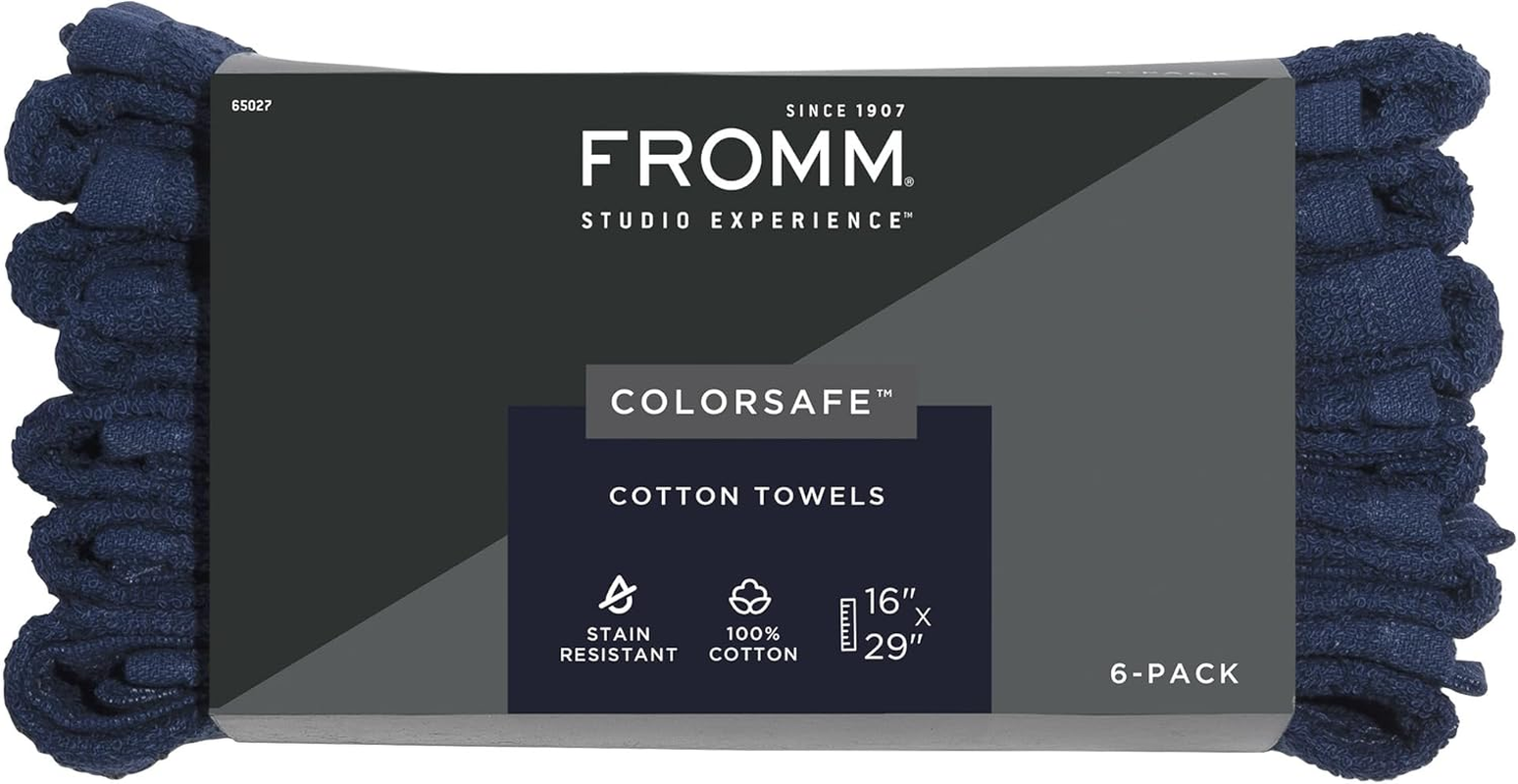 Fromm Colorsafe 100% Cotton Bleach Proof Salon Hair Towels for Hairstylists, Barbers, Spa, Gym in Black, 16" by 29", 6 Count Absorbent Stain Resistant Towels for Drying Curly, Long, Wavy Hair