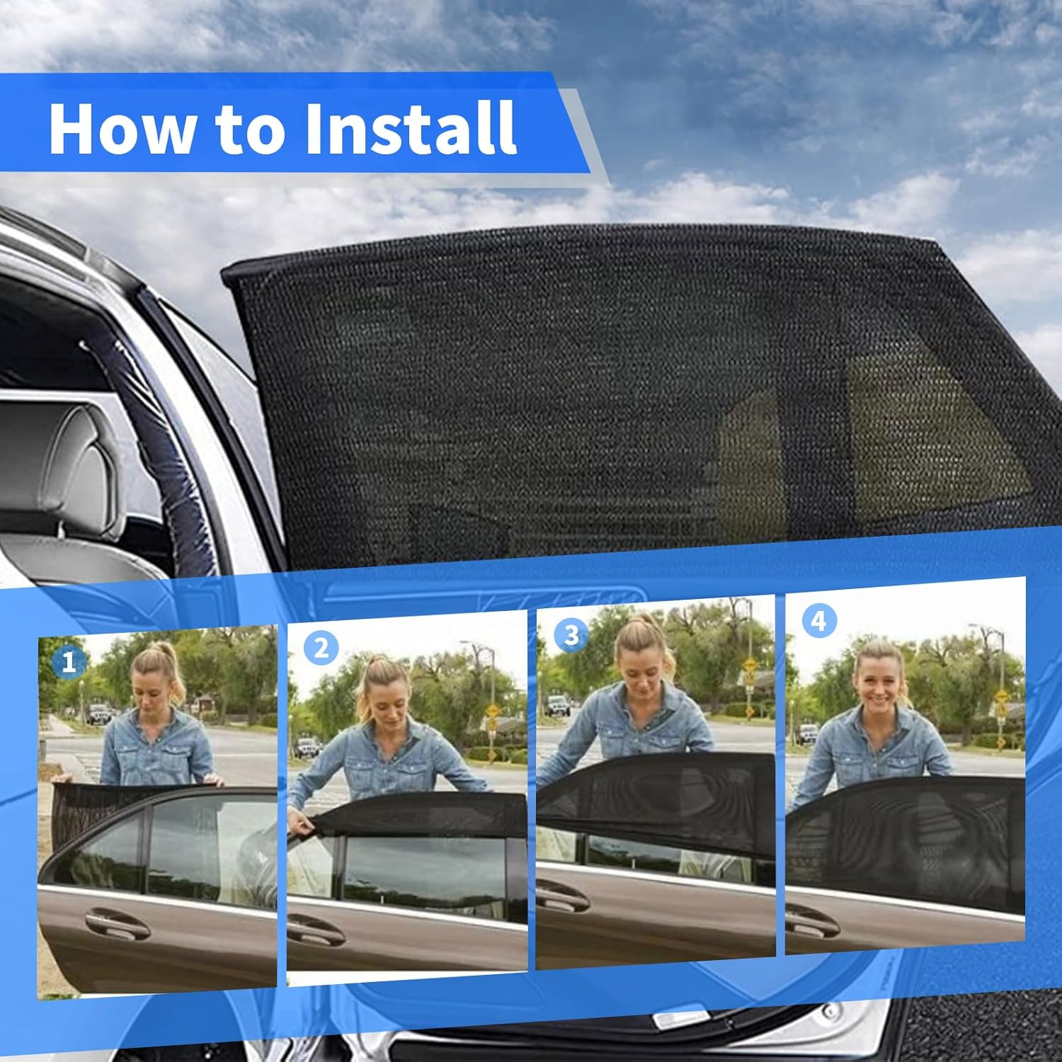4 Pcs Universal Car Side Window Sun Shades Net, Car Rear Window Breathable Mesh Protects from Sun Glare Burn Heats & UV Rays, Auto Vehicle Side Window Curtain Sun Visor Net for Family (SUV)