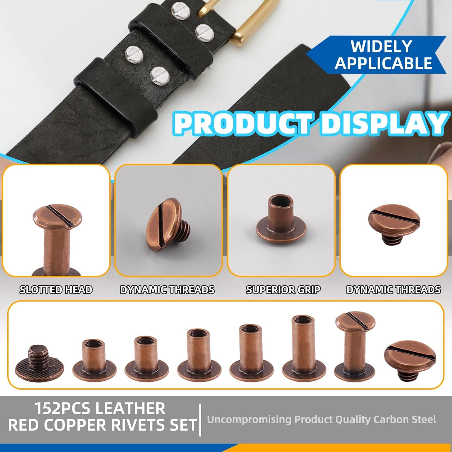 Glarks 150 Sets Red Bronze Chicago Screws Assorted Kit, M5 X 5Mm, 6Mm, 8Mm, 10Mm, 12Mm Chicago Rivets and 4X4Mm Flat Head Stud Screw, Nail Rivet Chicago Button Screw Posts Metal Accessories image number 2