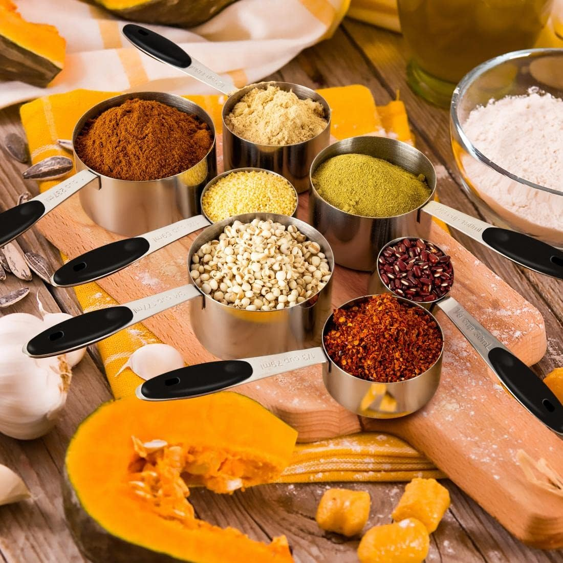 KELOFKO 16 Pieces Measuring Cups and Magnetic Measuring Spoons Set Stainless Steel, 8 Measure Cups with Silicone Handle and 7 Double Sided Magnetic Measure Spoons & 1 Leveler, Measuring Cup Set image number 2