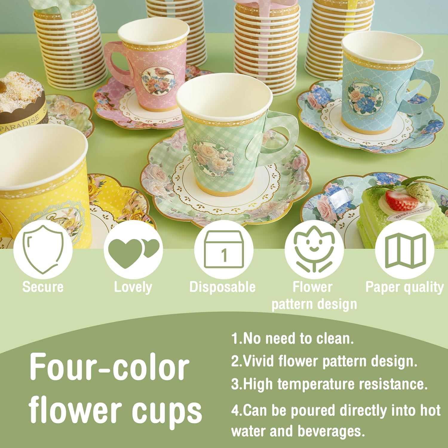64 Sets Tea Party Supplies,Floral Paper Tea Cups and Saucers,Colorful Flower Teacups,Floral Tea Cups with Handle for Hot Cold Beverage Birthday Wedding image number 3