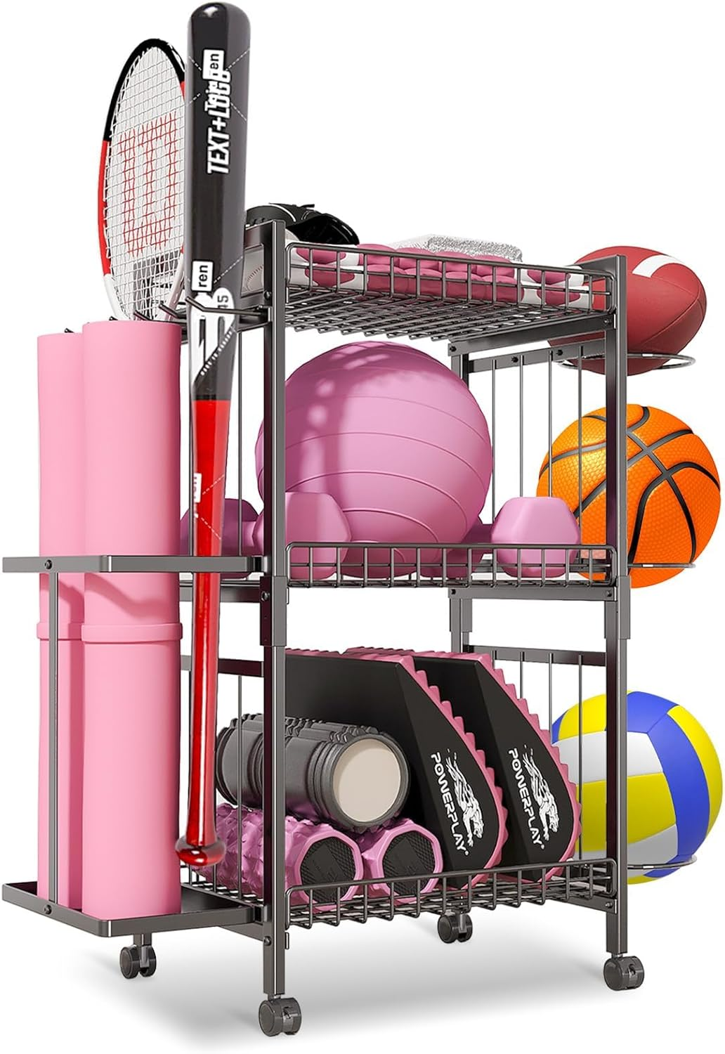 AILRINNI 3-Tier Yoga Rack - Large Capacity, Duty Home Gym, Large-Capacity Sturdy Yoga Mat Storage Rack, Waterproof & Rust-Resistant Fitness Rack, 360&deg; Swivel Wheels & Hooks, for Pilates/Home/Gym - Space-Saving