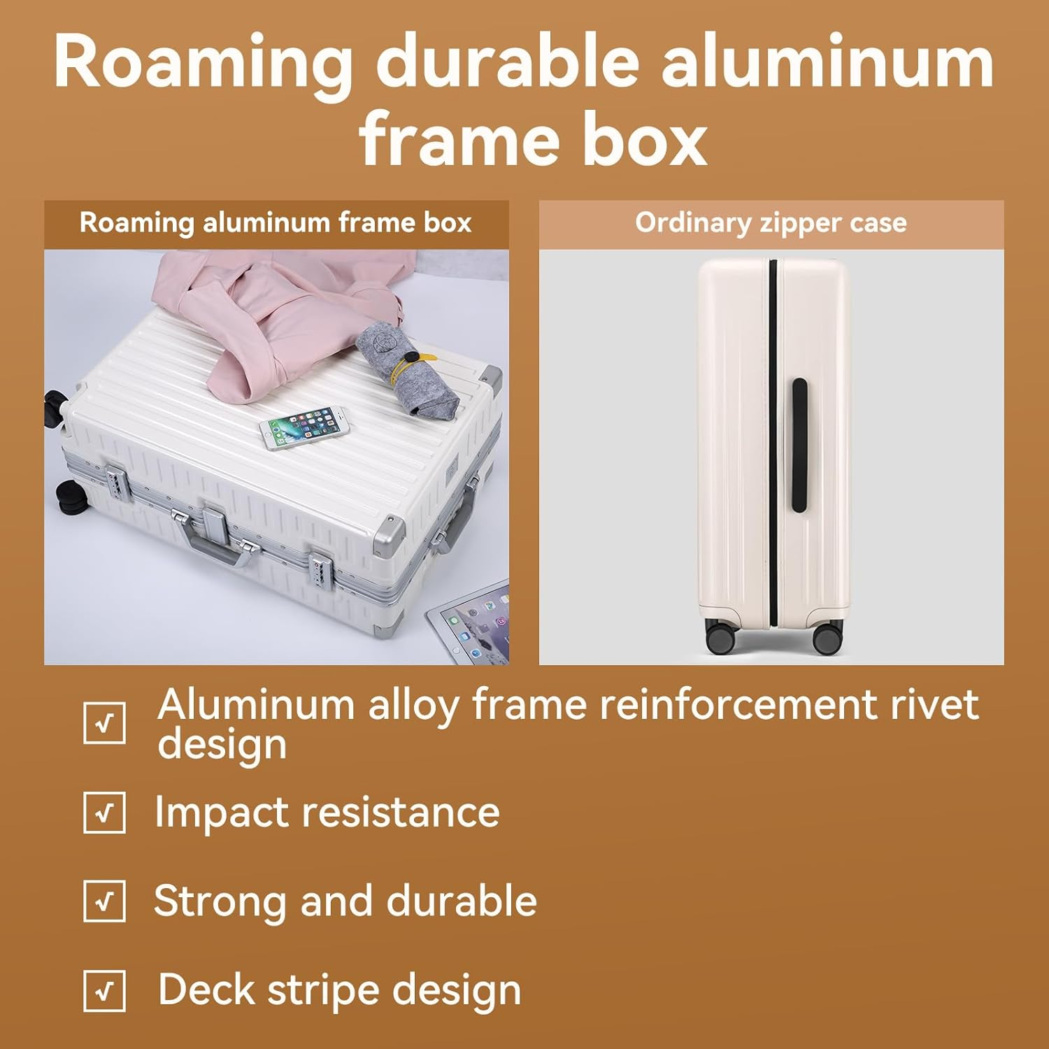 ROAMING Zipperless Luggage, White, 26 Inch Checked Luggage, Zipperless Luggage with Spinner Wheels - Polycarbonate Aluminum Hard Shell Suitcase image number 4
