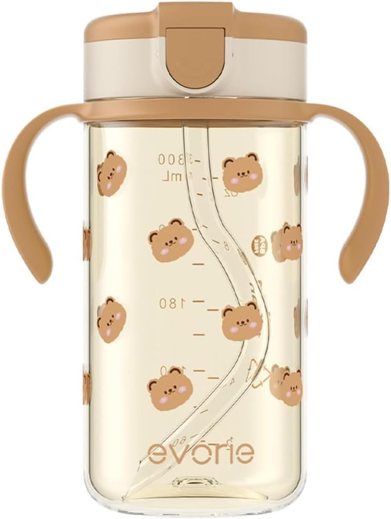 Evorie Tritan Toddler Sippy Cup with Silicone Straw, Spill-Proof Straw Water Bottle for Kids 1-2 Years Old, 300Ml 10 Oz, Removable Handles, Ideal for School (Honey Bear)