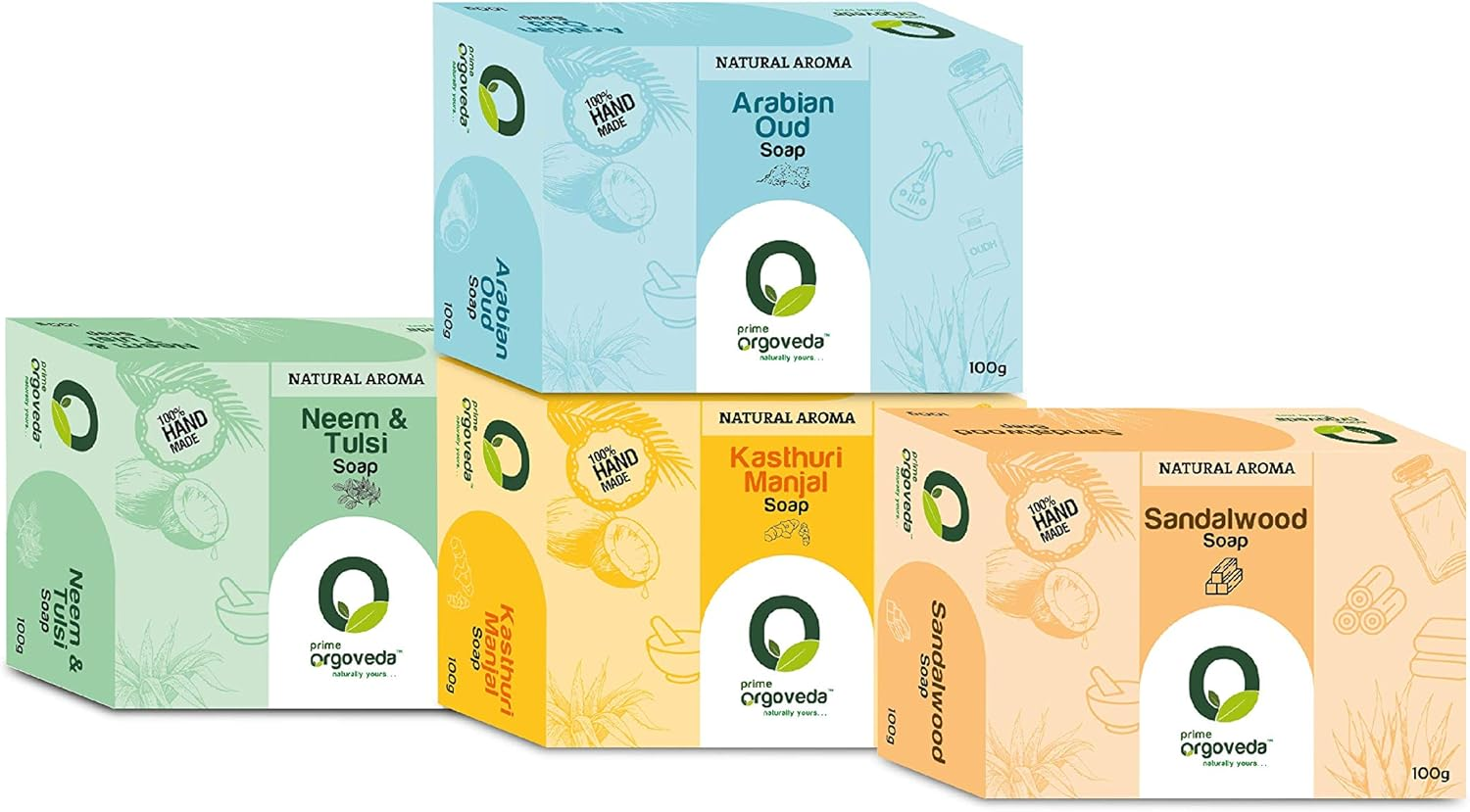 100% Natural Handmade Soap | Prime Orgoveda | Handmade Bathing Soap Combo Pack of 4 | with Natural Ingredients | Natural Ayurvedic Soap | Neem & Tulsi | Kasturi Manjal | Sandalwood | Oudh (Each 100G) image number 1