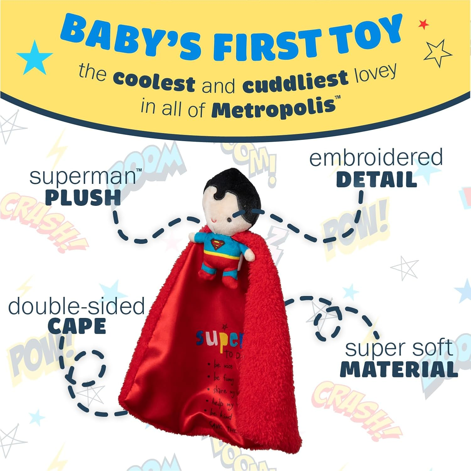 Kids Preferred DC Comics Superman Lovey Security Blanket, Soft Huggable Dark Knight Plush Lovey Toy for Baby and Infant Boys and Girls, Textured Blanket with Satin Super Hero to Do List image number 3