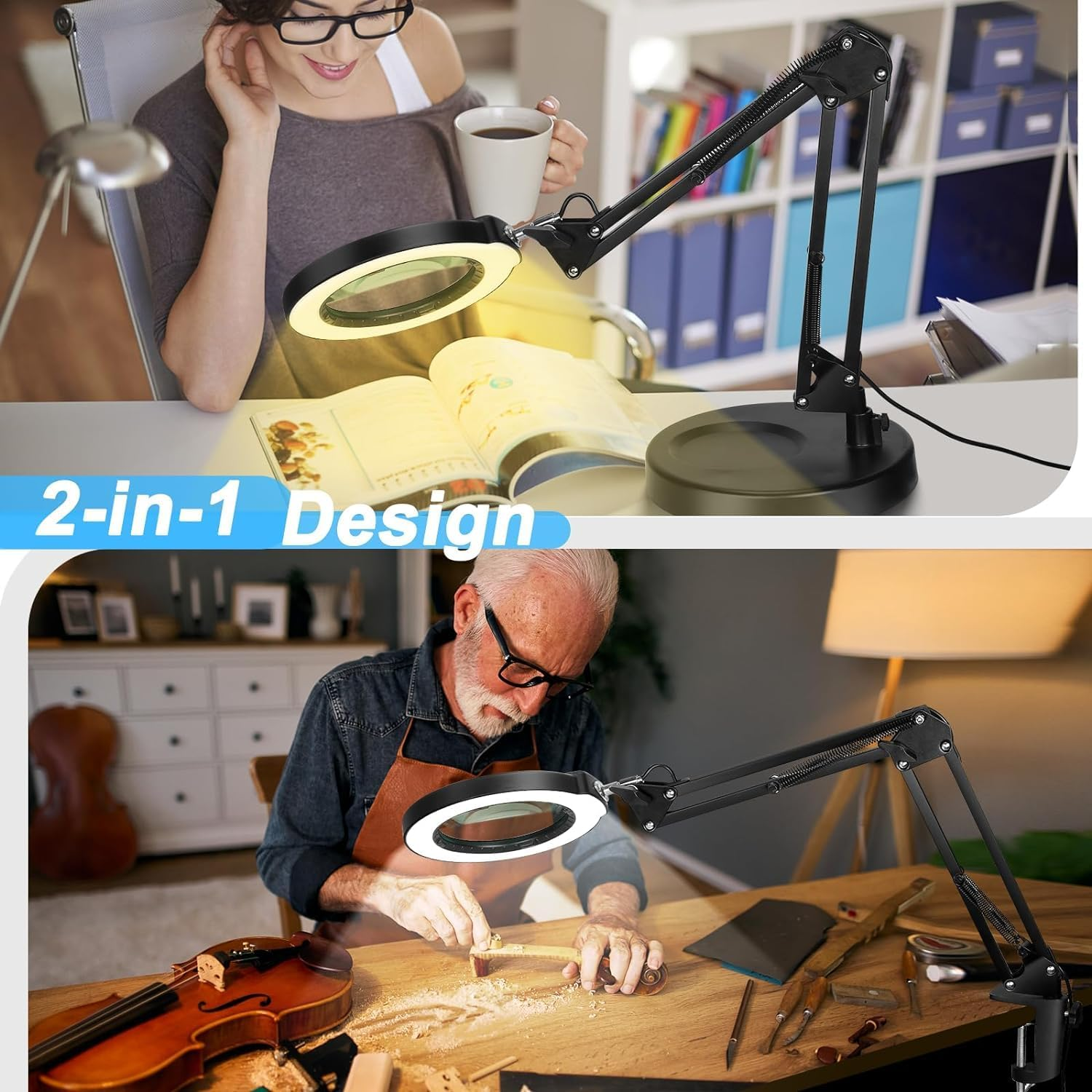 10X Magnifying Glass with Light and Stand, Magnifying Led Desk Lamp, Adjustable Color and Brightness Reading Light Ring Light for Repair, Crafts, Soldering (Black, round Base & Clamp) image number 4