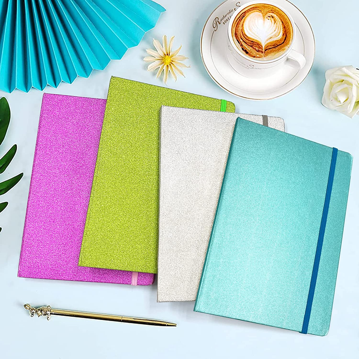 Green Glitter A5 Notebook, 8.3X5.7 Inches 160 Lined Pages Glitter Never Peel off Sparkle Writing Journal for Girls Ruled Hardcover Notebook for Teen Women Work Office Gifts