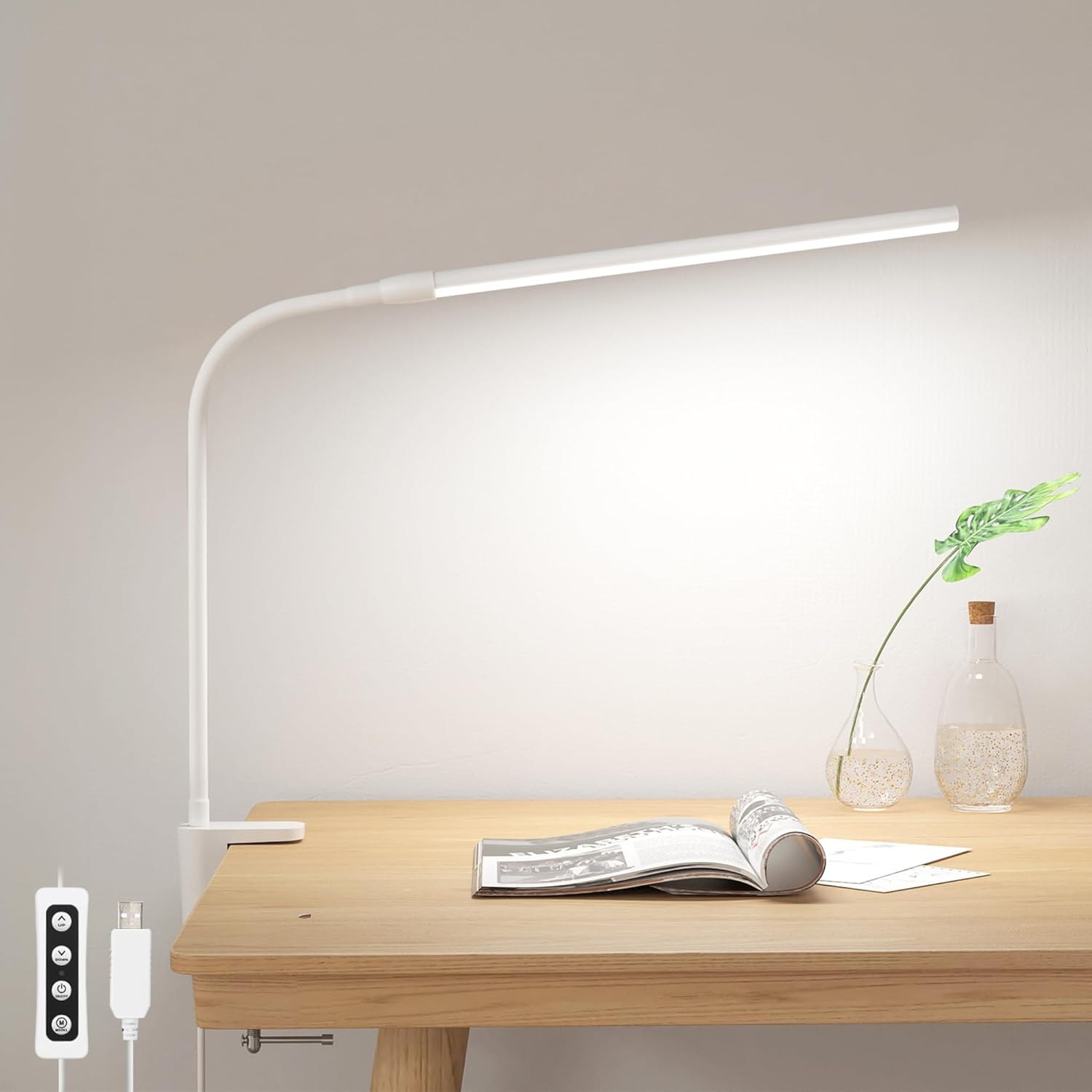 Lepro Desk Lamp with Clamp, LED Clip on Light, Dimmable Reading Light with 3 Color Modes 10 Brightness, Eye-Caring Flexible Gooseneck Table Lamp for Home Office, White