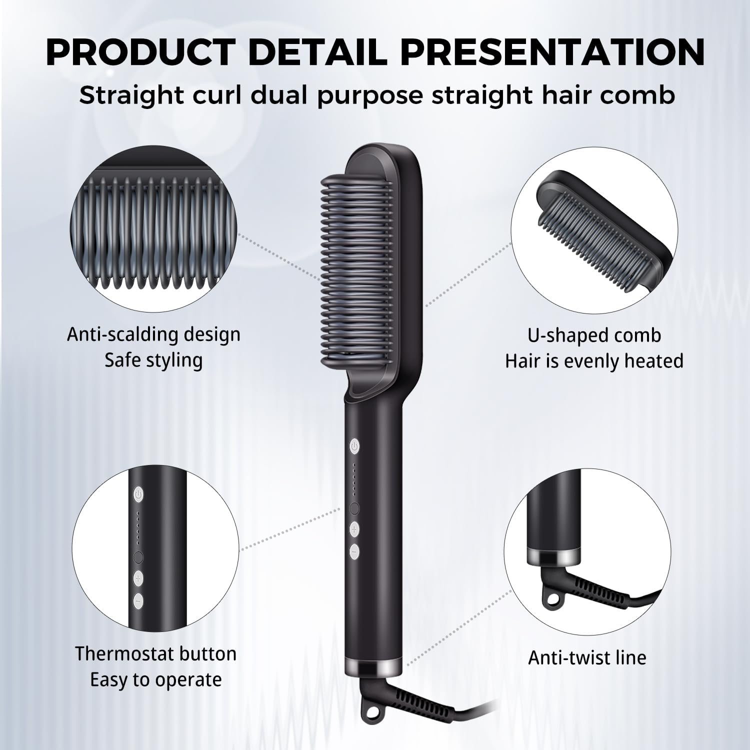 Hair Straightener Brush, Hair Iron with Built-In Comb, Fast Heating, 5 Temp Settings, Anti-Scald, Perfect for Professional Salon at Home, Hair Straightener That Reduces Styling Time image number 5