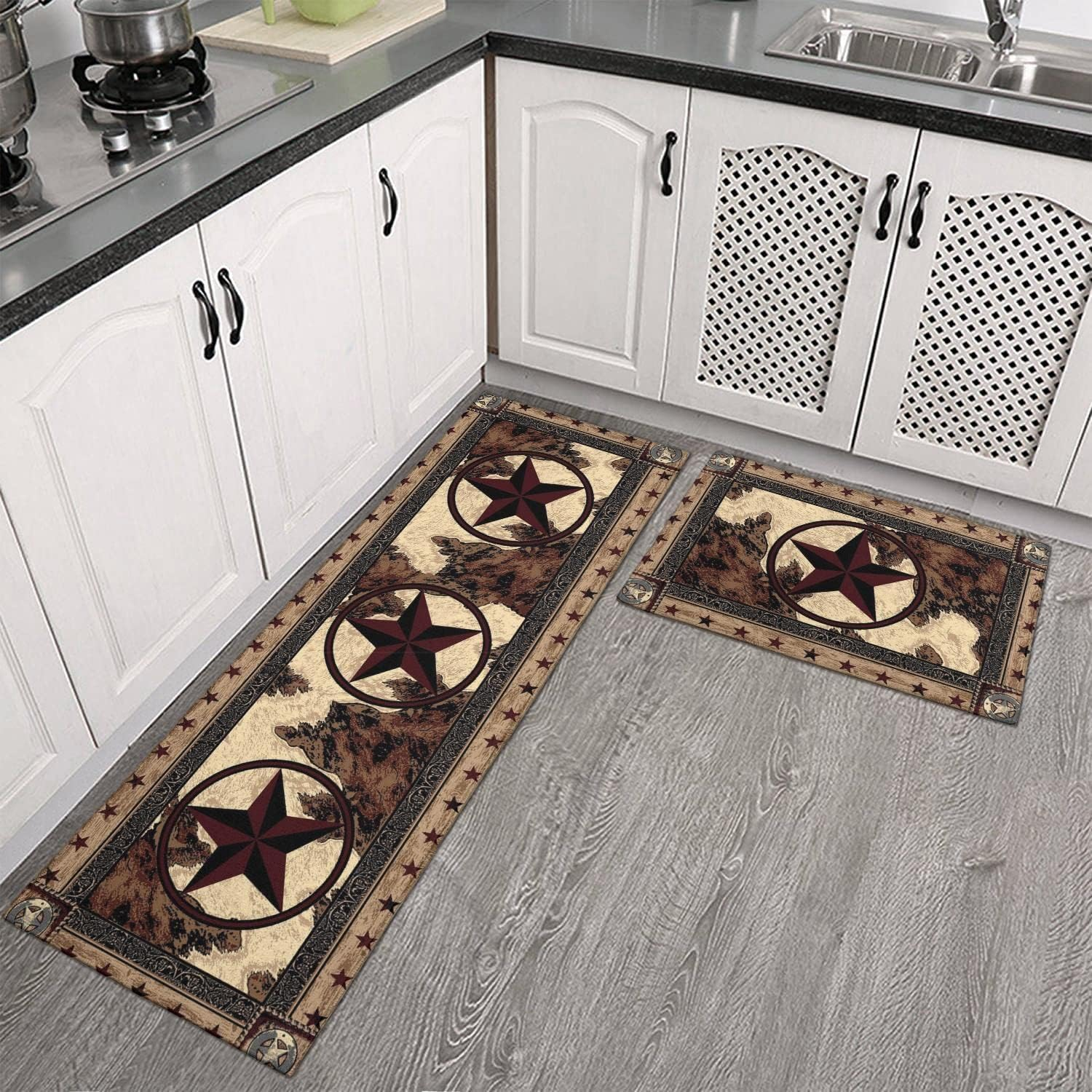 Faptoena Rustic Kitchen Rugs and Mats Sets of 2,Western Texas Star Kitchen Decoration Non-Slip Absorbent Kitchen Mat for Sink Waterproof Floor Mat for Laundry Room - Green image number 3