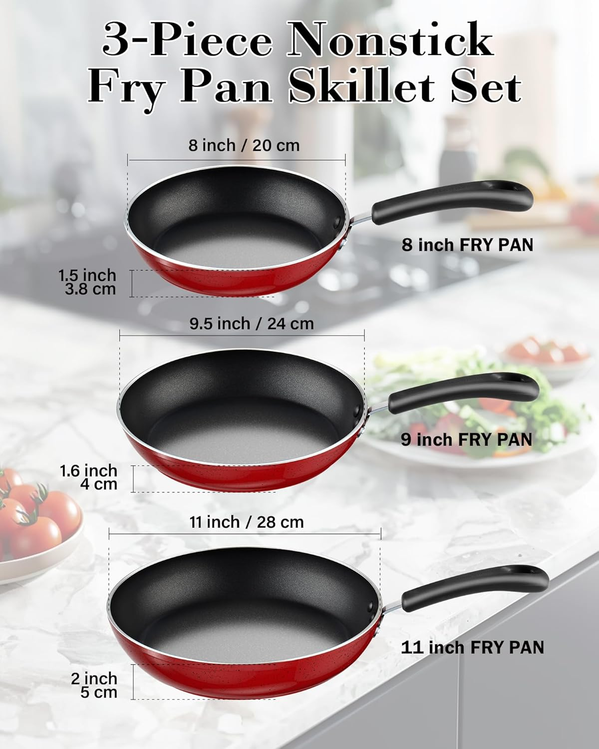 Cook N Home Nonstick Frying Pans Set 3 Piece, 8, 9.5, 11-Inch Kitchen Cooking Skillets Saute Fry Pan Induction Compatible, Marble Red image number 7
