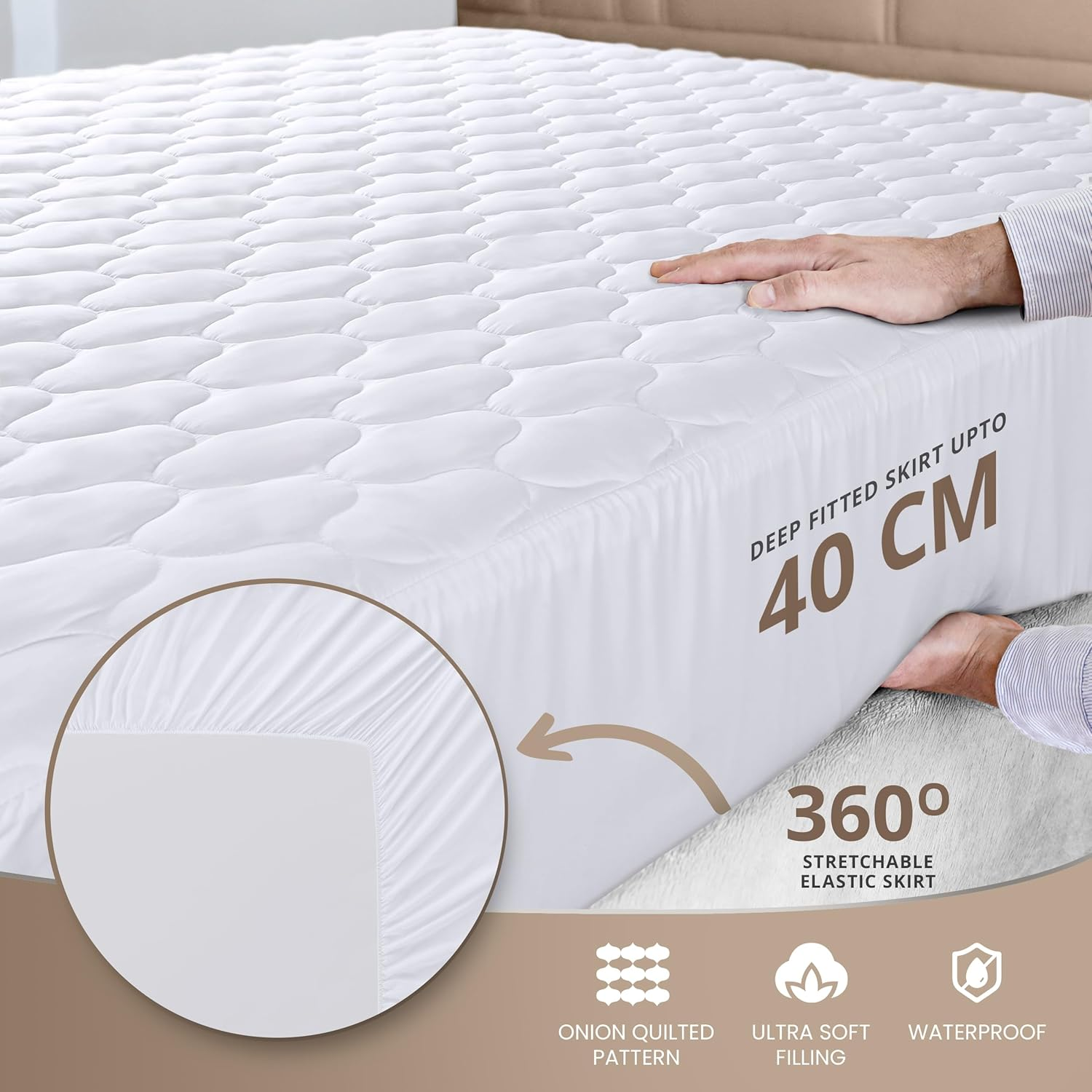 NY Threads Mattress Protector Waterproof Quilted Fitted King Size, Mattress Cover Stretches up to 40 Cm Deep Mattress Topper, Waterproof Mattress Pad in Onion Quilting Pattern (1, White 183X203 Cm) image number 3