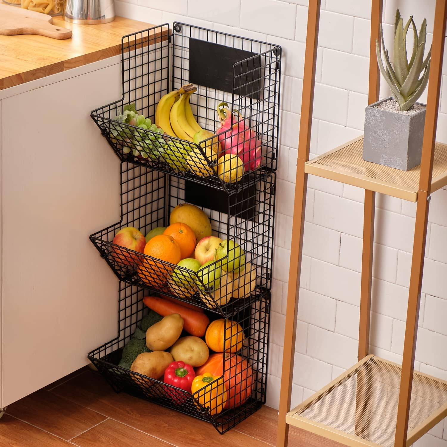 Fruit Vegetable Storage Basket for Kitchen, 3 Tier Stackable Wall Mount & Countertop & Hanging Metal Wire Baskets Organiser with Hooks, Kitchen Produce Tiered Counter Organizer Bin Rack(Black) image number 2