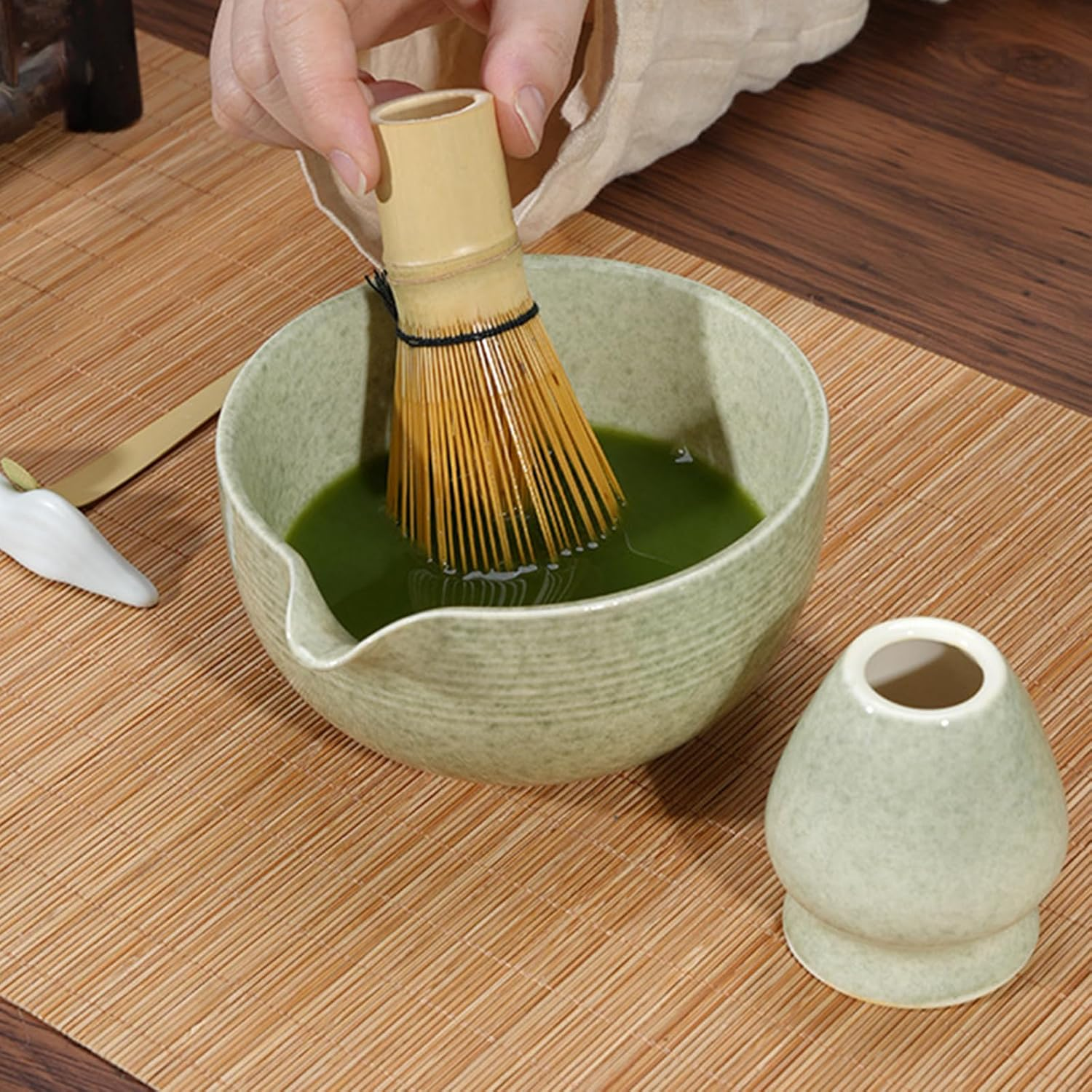 4Pcs Matcha Whisk Set -Great Matcha Bowl and Bamboo Matcha Whisk, Scoop, Spoon, Sifter, Whisk Holder, Perfect Matcha Set for Matcha Tea Ceremony (Green Spot) image number 6