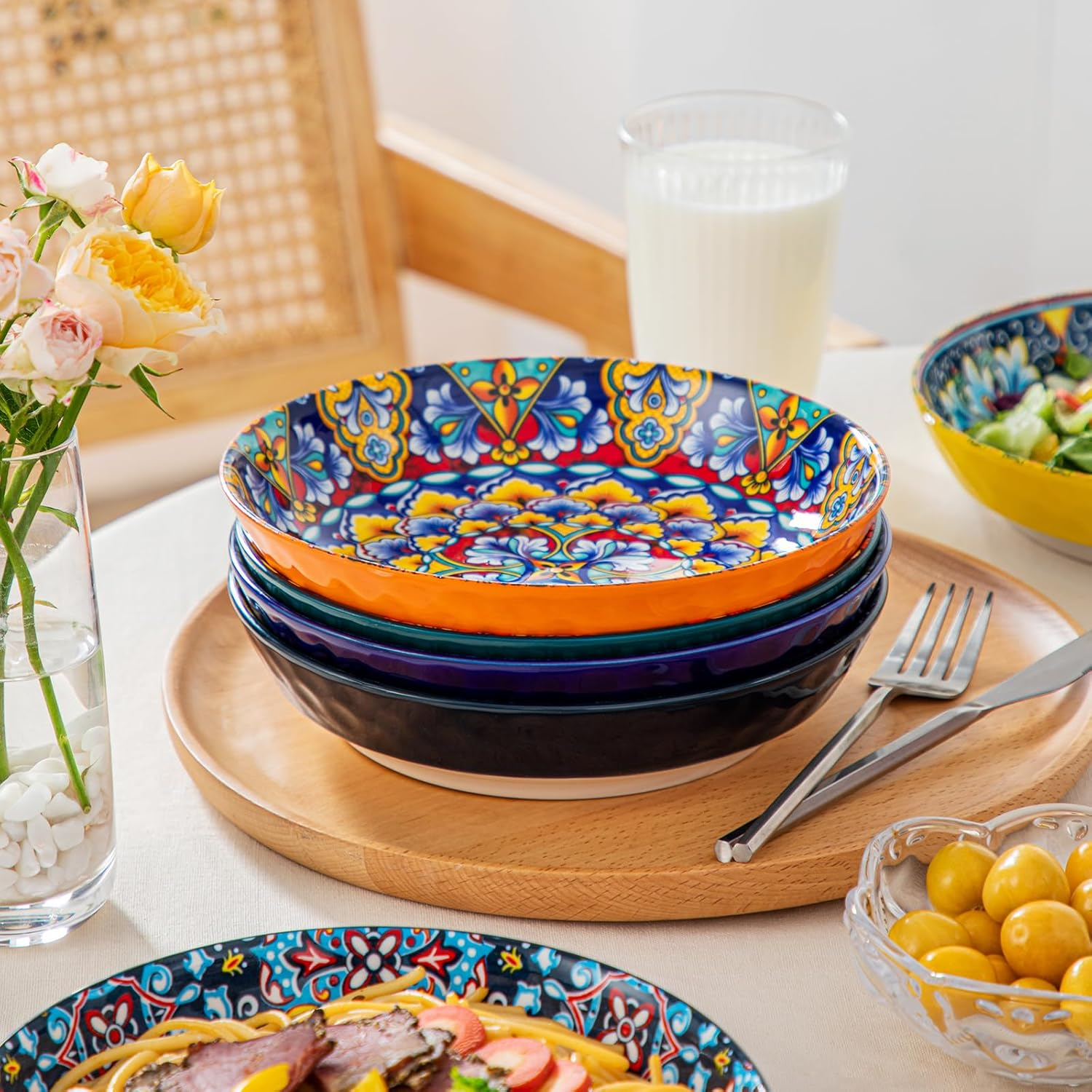 Vancasso Pasta Bowl Set, Ceramic Salad Bowls of 6, 32 Oz Large Corlorful Serving Bowls for Kitchen, Dishwasher & Microwave Safe Soup Bowls, Pasta Plates