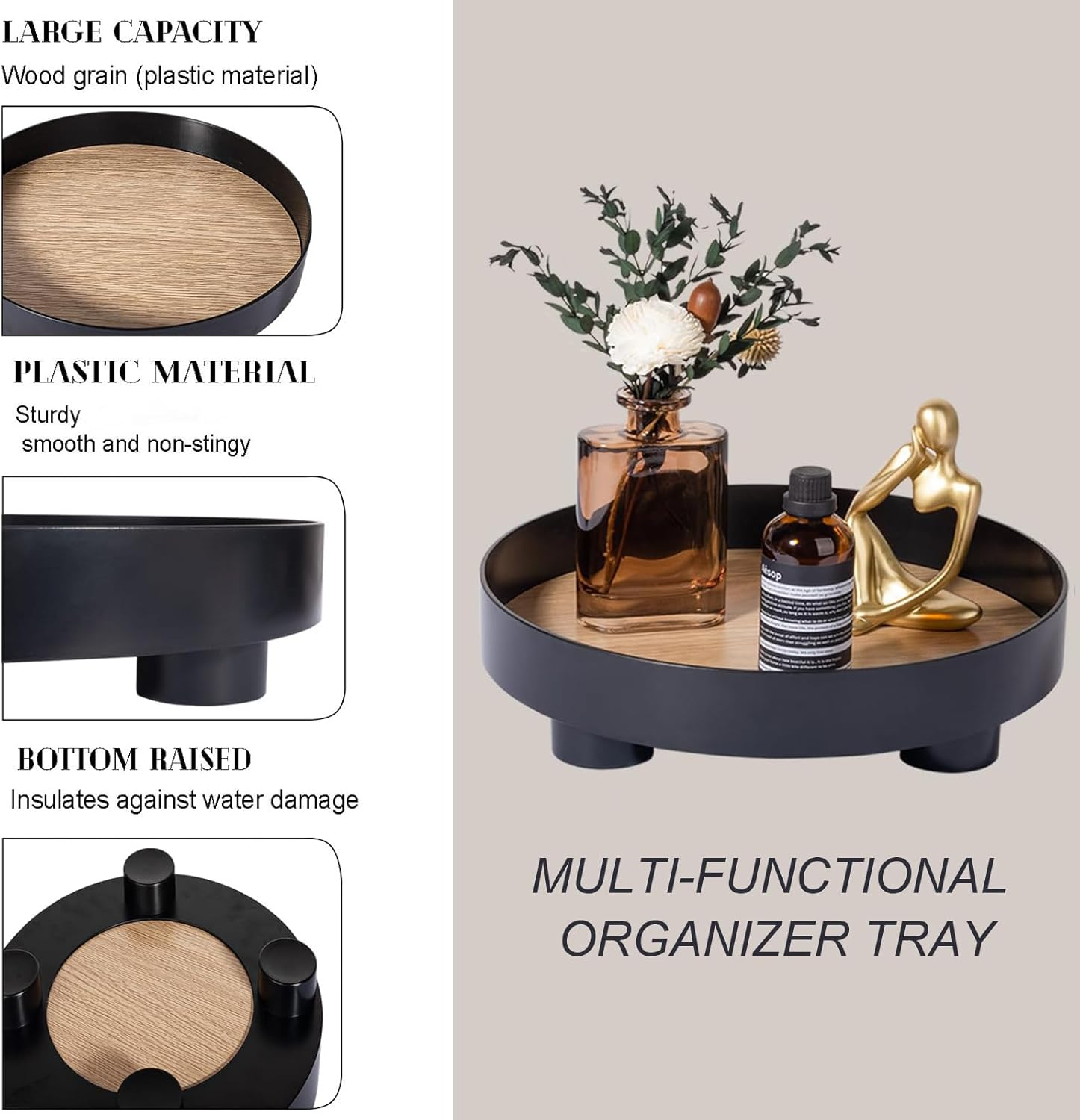 Modern Home Decor round Serving Tray, Black Coffee Table Organizer, 30CM Decorative Display Tray for Bathroom, Kitchen, Dining Table, Dresser image number 6