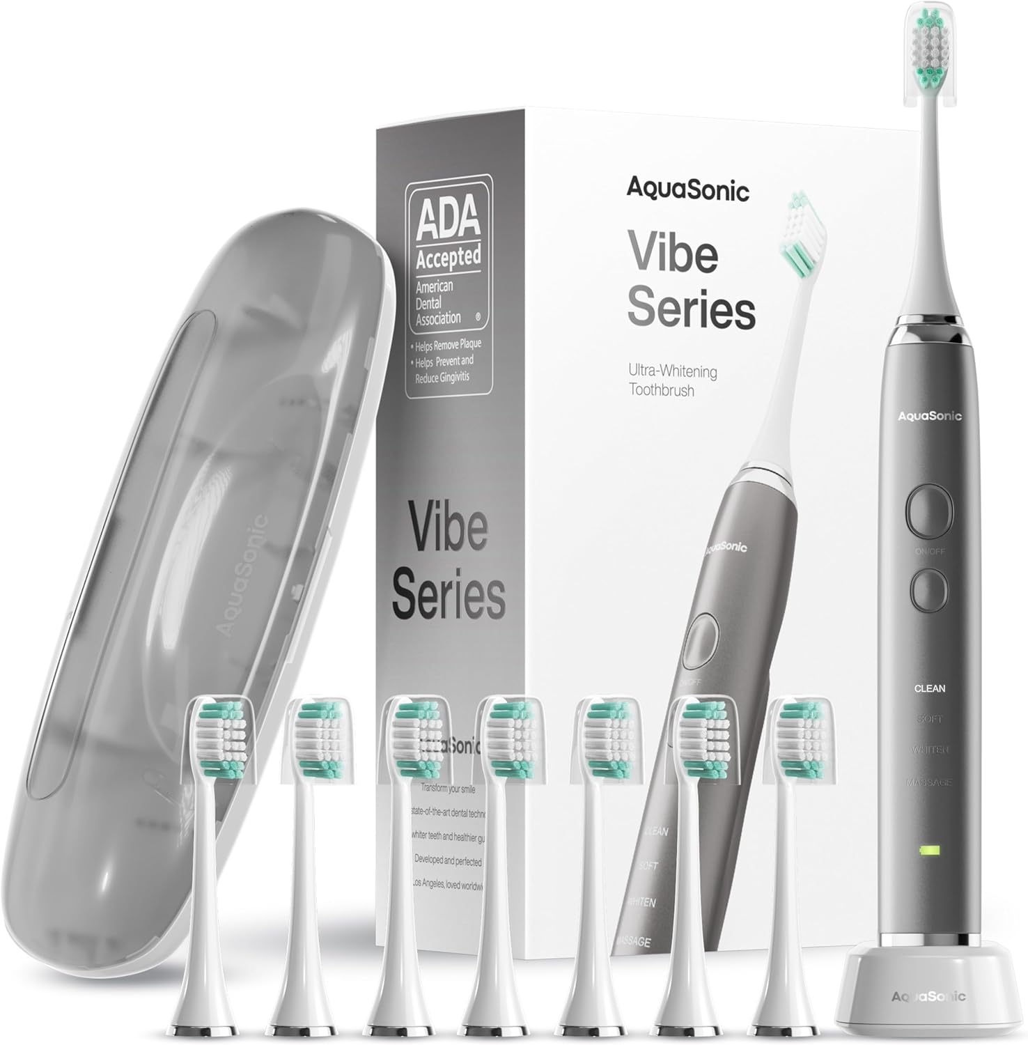 Aquasonic Vibe Series Ultra-Whitening Toothbrush &ndash; ADA Accepted Power Toothbrush - 8 Brush Heads & Travel Case &ndash; 40,000 VPM Motor & Wireless Charging - 4 Modes W Smart Timer &ndash; Mint Green Metallic