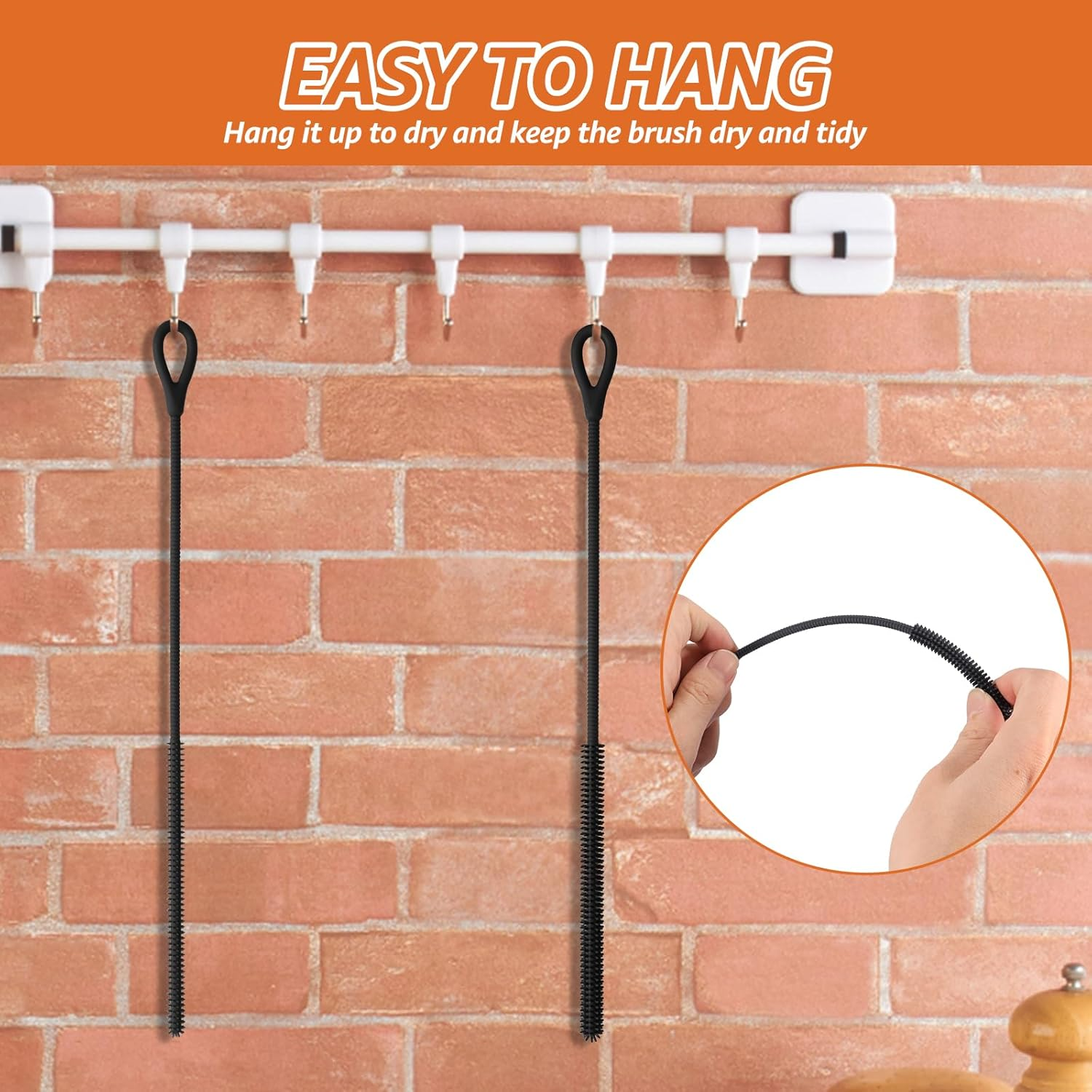 2 Pcs Silicone Straw Cleaner Brush Reusable Straw Cleaner Pipe Cleaning Brush with Aniti Slip Long Handle for Glass Pipe 6Mm and 9Mm(Black,2) image number 3