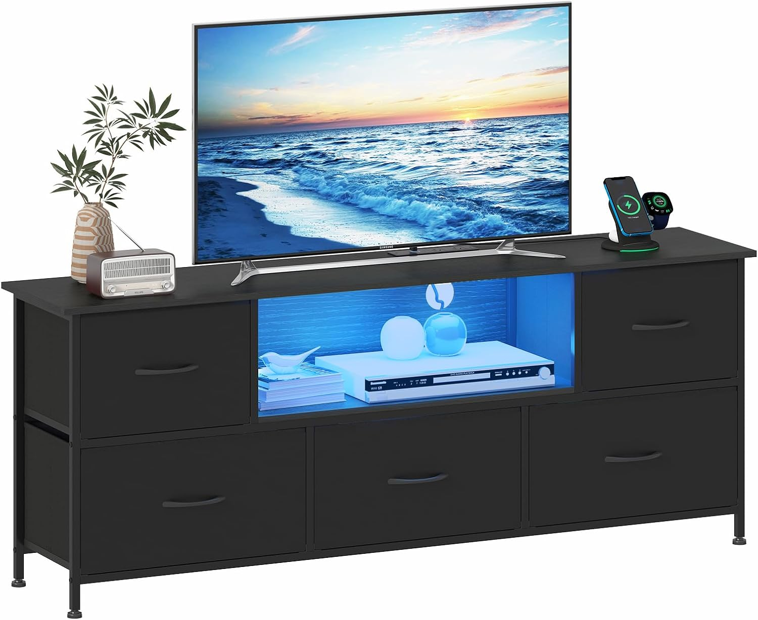 Advwin TV Unit Cabinet 140Cm with 16-Color RGB LED & Charging Station, TV Stand with 5 Storage Drawers & Open Shelf, Entertainment Center for Living Room, Bedroom, Black image number 3