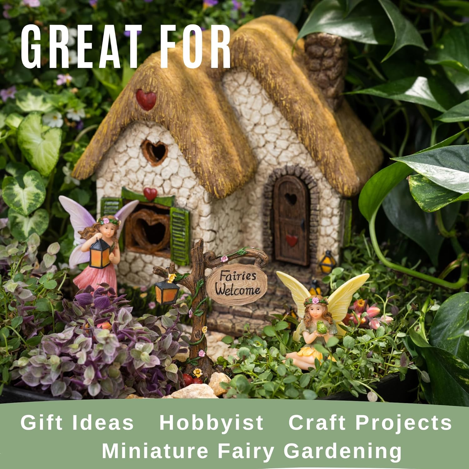 PRETMANNS Fairy Garden House Kit &ndash; Fairy Garden Accessories Outdoor &ndash; Fairy Houses for Gardens Outdoor - Fairy House Kit with Fairies for Fairy Garden &ndash; Fairy House 7" High - Fairy Garden Kit 4 Pieces image number 2