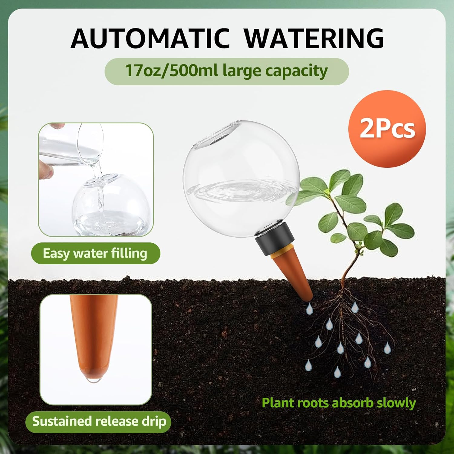 2Pcs Plants Watering Devices,Auto Plants Waterer,Self Watering Spikes,Automatic Watering Globes,500Ml Self Watering Planter Insert,Effortless Self Watering Bulbs for Plants image number 1