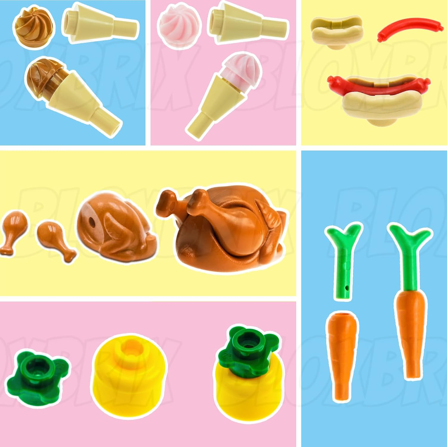 Bloxbrix 180Pcs City-Friends Brick-Food-Pieces -Fruit-Apple-Banana-Pineapple-Cherry Desserts-Ice Cream-Cake-Sweet Cone Picnic-Pizza-Hotdogs-Turkey-Fish-Beer-Money Toys for Extra Bricks