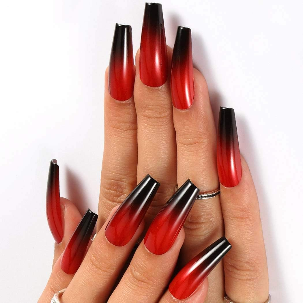 Outyua Halloween Red Black Press on Nails Ombre Coffin Fake Nails Long False Nails with Designs Acrylic Witch Ghost Nails for Women and Girls 24Pcs (Red & Black) image number 4