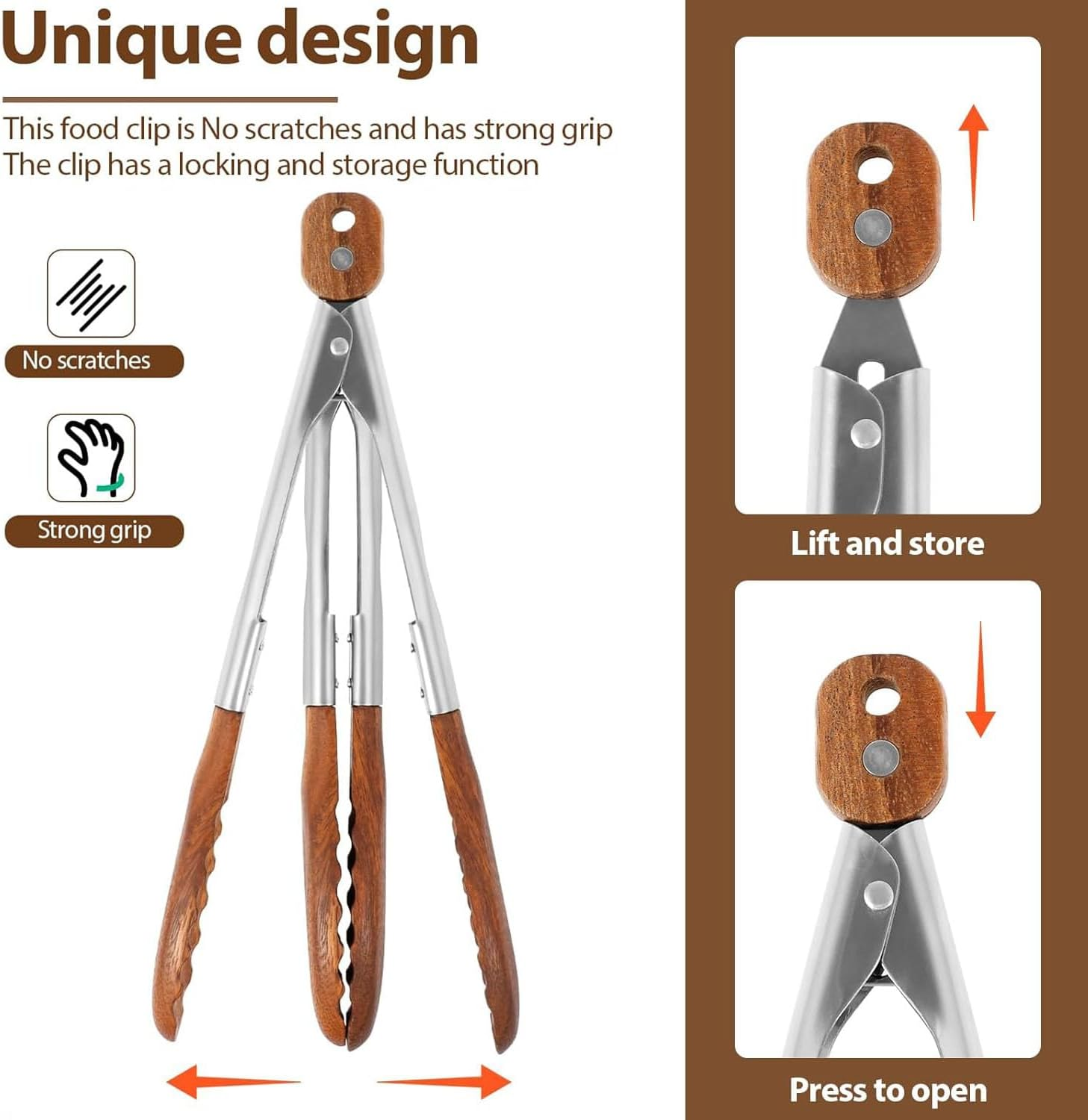 BEANPRECOY 2 Pack 15 Inch Walnut Wooden Kitchen Tongs for Cooking, BBQ & Salad Natural Wooden Tips for Toaster, Bread, Pickles Durable & Heat-Resistant Utensils image number 2