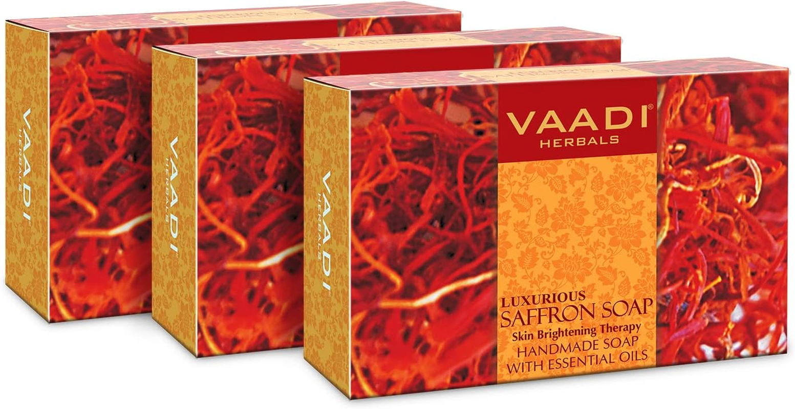 Vaadi Herbals Organic Body Soap Bar LUXURIOUS SAFFRON SOAP - Skin Whitening Therapy Handmade Herbal Soap (Aromatherapy) with 100% Pure Essential Oils - All Natural - Anti-Acne Deep Pore Cleansing Removes Pimples Oil Control Sulphate Free All Skin Type 3 X 75 Gm image number 4