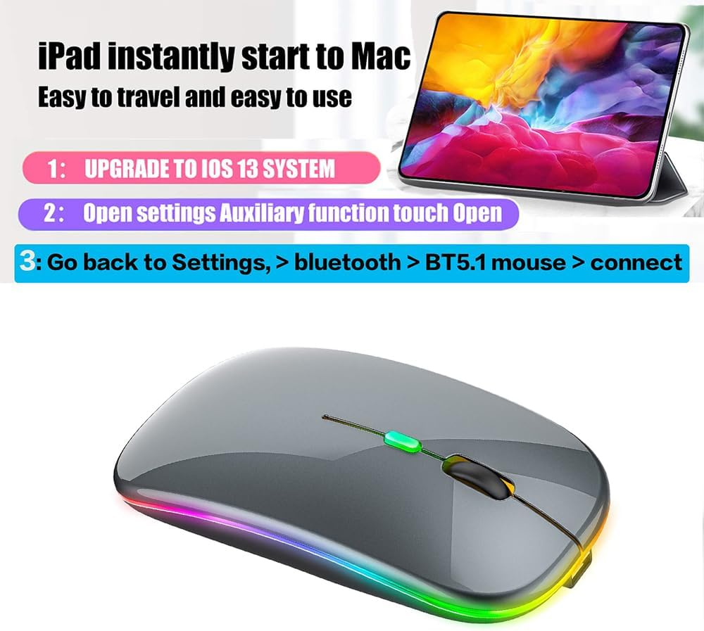 LED Wireless Mouse, Rechargeable Slim Silent Mouse 2.4G Portable Wireless Bluetooth Mouse Dual Mode with USB Receiver and Type C Adapter, 3 Adjustable DPI for Notebook, PC, Laptop (Grey) image number 2