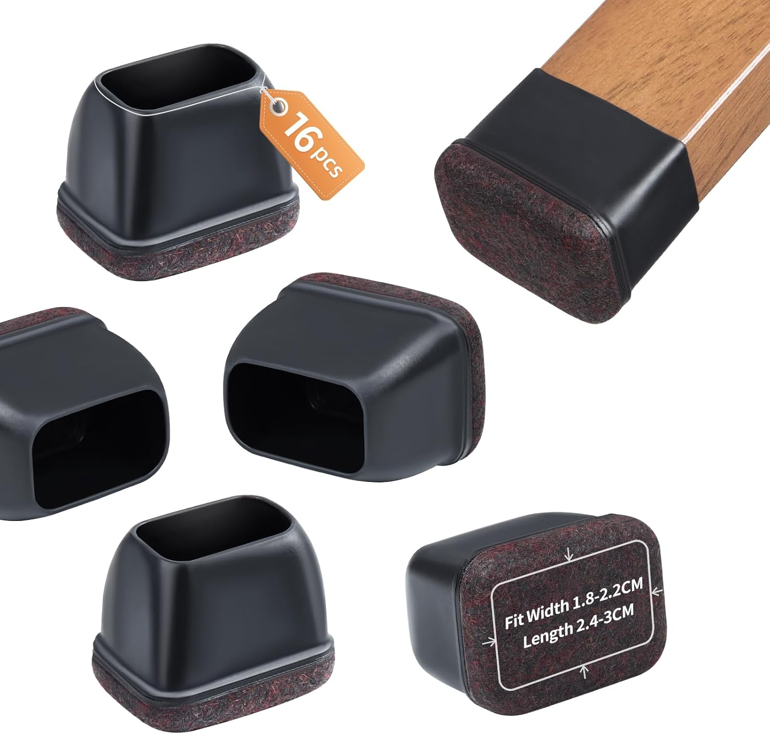 16PCS Chair Leg Floor Protectors, Rectangle Chair Leg Protection Caps, Small Black Silicone Chair Leg Covers with Felt Pads for Hardwood Floors, No Noise No Scratches image number 4