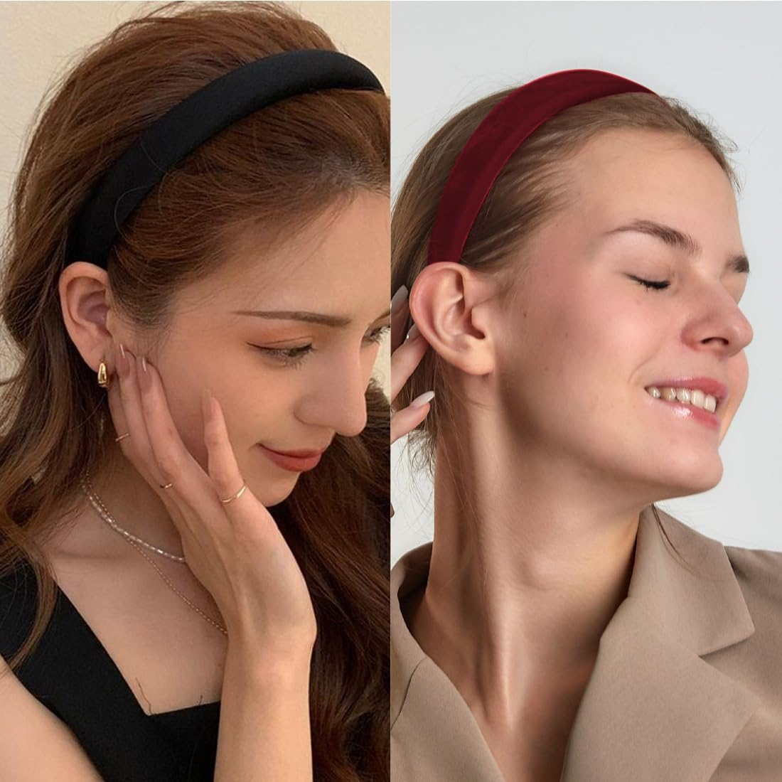 Pack of 2 Velvet Headbands Women, Solid, Simple Headband for Girls, Fashion Hair Accessories for Women Girls, Padded Velvet Headband Retro Style Headband (Black/Burgundy)
