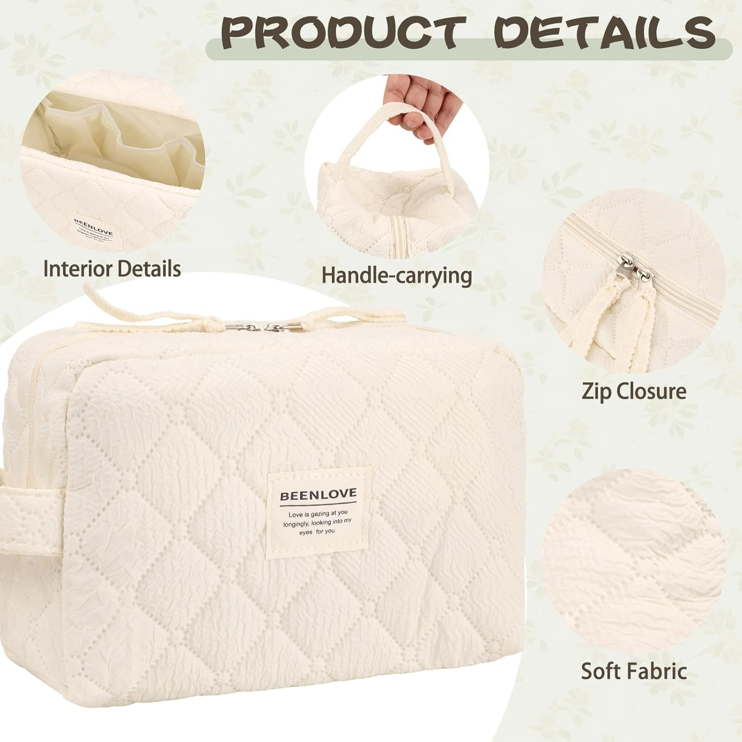 Makeup Bag, Quilted Make up Bag with Handle & Zipper, Lightweight Cosmetic Bag for Women Travel Toiletry Skin Care (Beige)