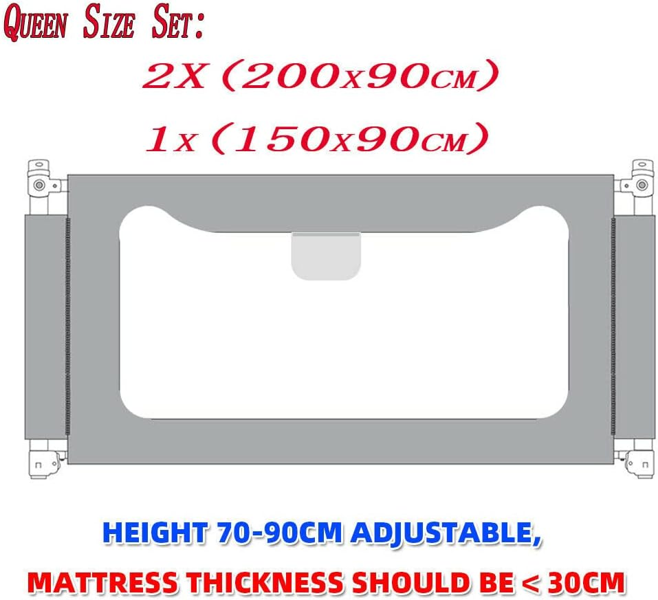 90CM Height Toddlers Bed Rails, Baby Safety Bed Guard, Height Adjustable Bed Side Fence, Child Folding Protection Guardrail (Queen Set(2X200Cm,1X150Cm)) image number 4