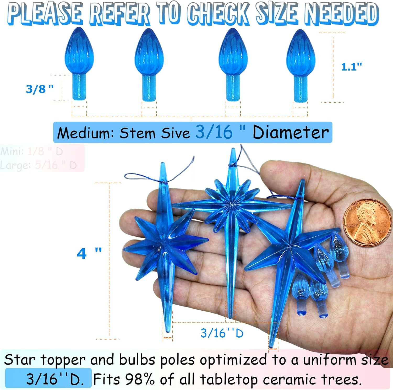 Ceramic Christmas Tree Replacement Lights Bulbs, Klein Blue Medium Twist Plastics Pegs Ornaments for Ceramic Tree(87 Bulbs＆ 3 Topper Star)