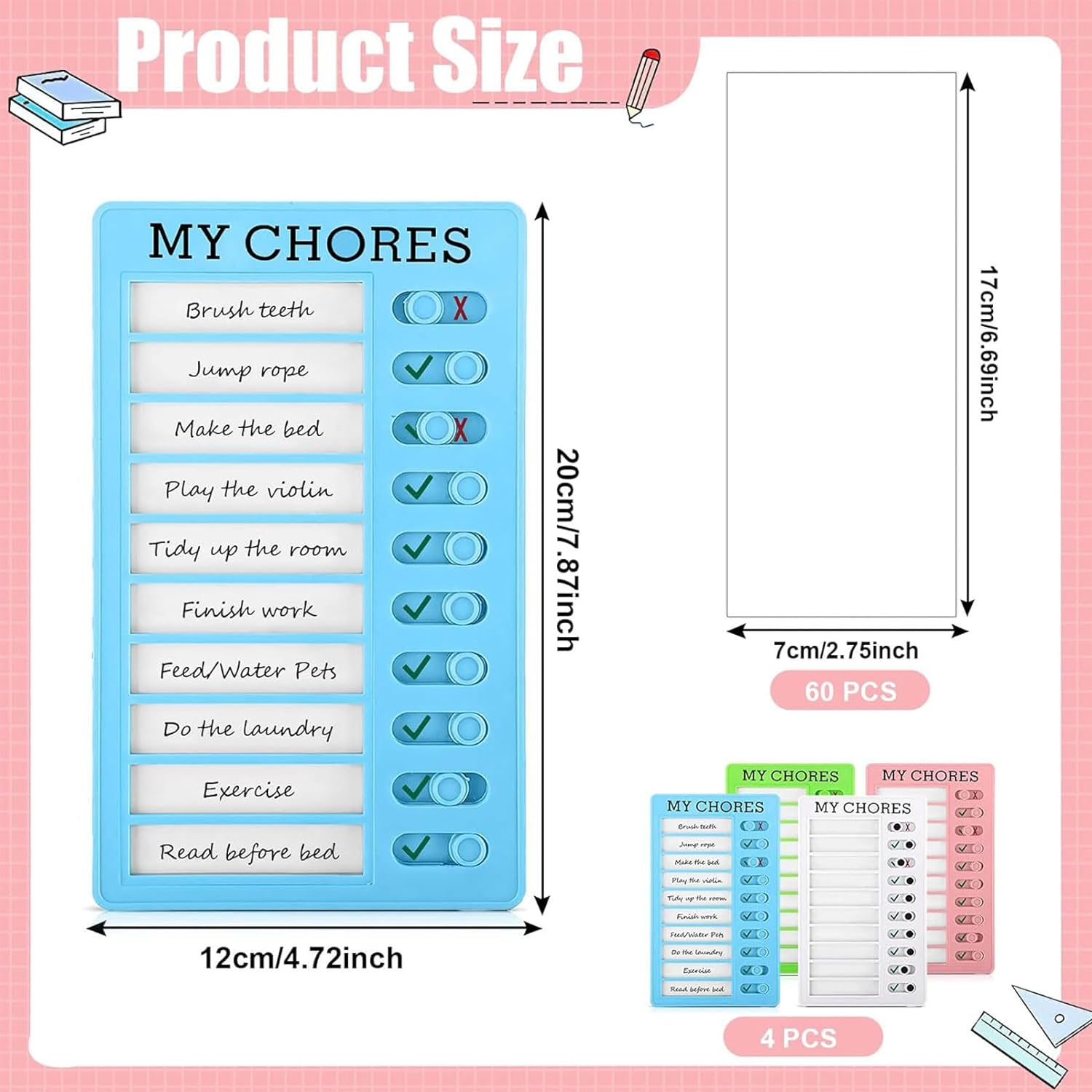 Chore Chart, 4PCS Chore Chart Kids Daily Planner, Reusable Chore Checklist for Planning with 20 Detachable Cardstock for Teacher Calendars Planners to Do List(4 Colour) image number 1