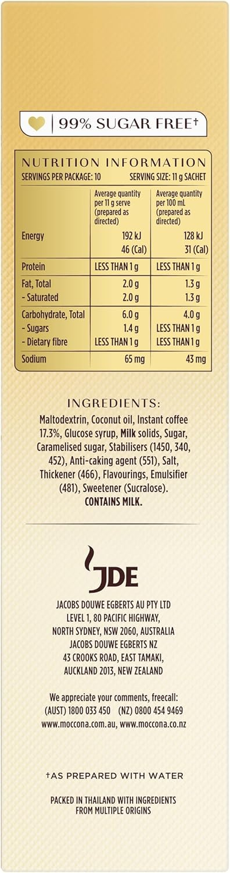 Moccona Coffee Sachets Cappuccino Sugar Free 50 Sachets (10 Sachets X 5 Packs) image number 5