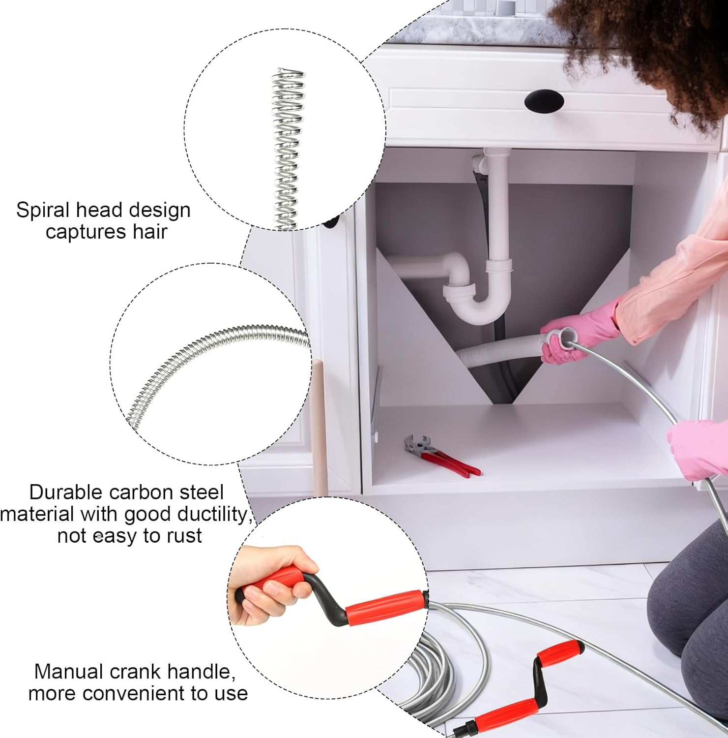 Pipe Cleaning Spiral Drain Cleaner 5 M X 6 Mm Spiral Drain Pipe Cleaning with 2 M Drain Pipe Foreign Body Clamp Universal Spiral Drain Spiral Pipe Cleaner Spiral for Stubborn Blockages image number 5