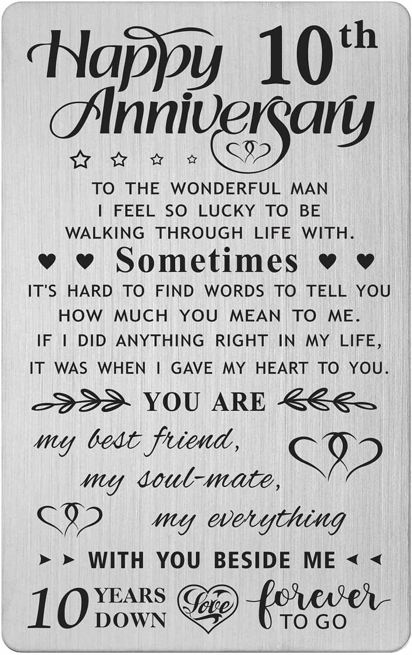 10Th Wedding Anniversary Card Gifts for Him Husband, Happy 10 Year Anniversary Card Presents for Men, Metal Engraved Wallet Card image number 2