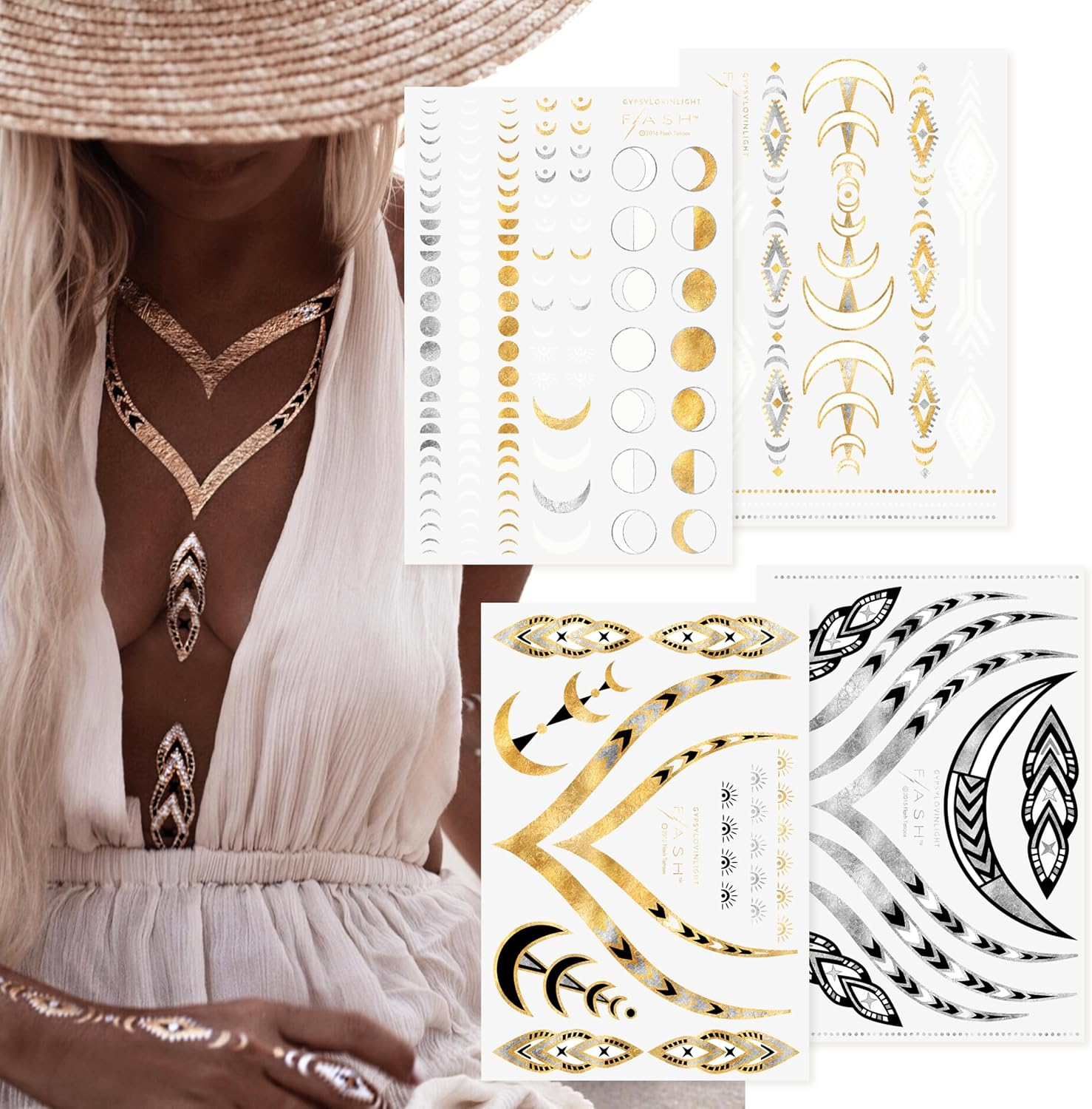 Flash Tattoos Lunar Love Authentic Metallic Temporary Tattoos 4 Sheet Pack (Black/Gold/Silver/White) - Includes over 38 Premium Waterproof Tattoos image number 4